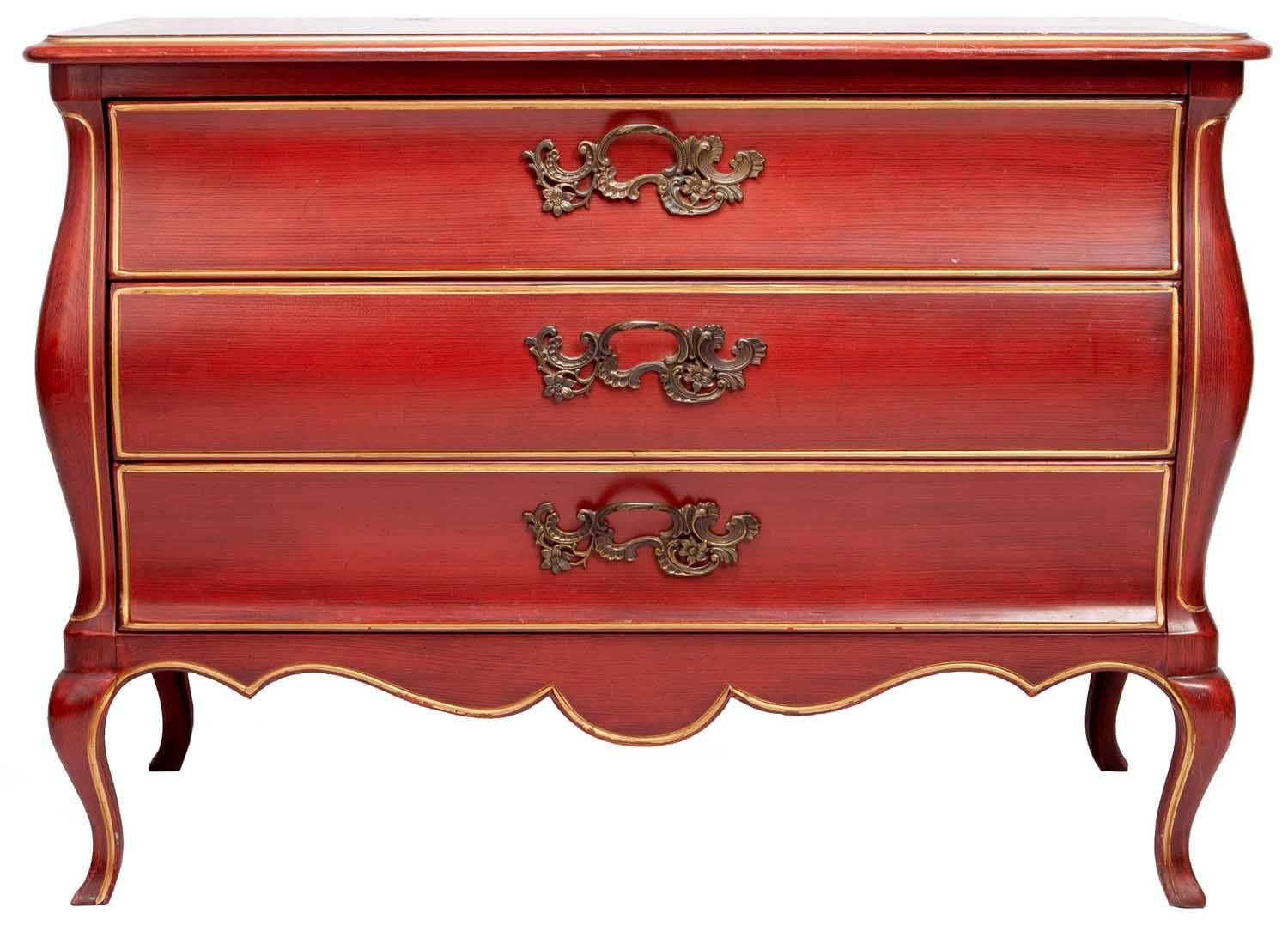 20th Century Midcentury, Chinoiserie Style, Red Lingerie Chest of Drawers with Gold Trim For Sale