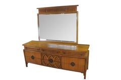 Mid Century Chinoiserie Walnut Burl Triple Dresser & Mirror Credenza Buffet MCM