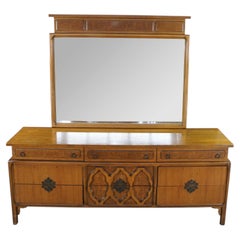 Mid Century Chinoiserie Walnut Burl Triple Dresser & Mirror Credenza Buffet MCM