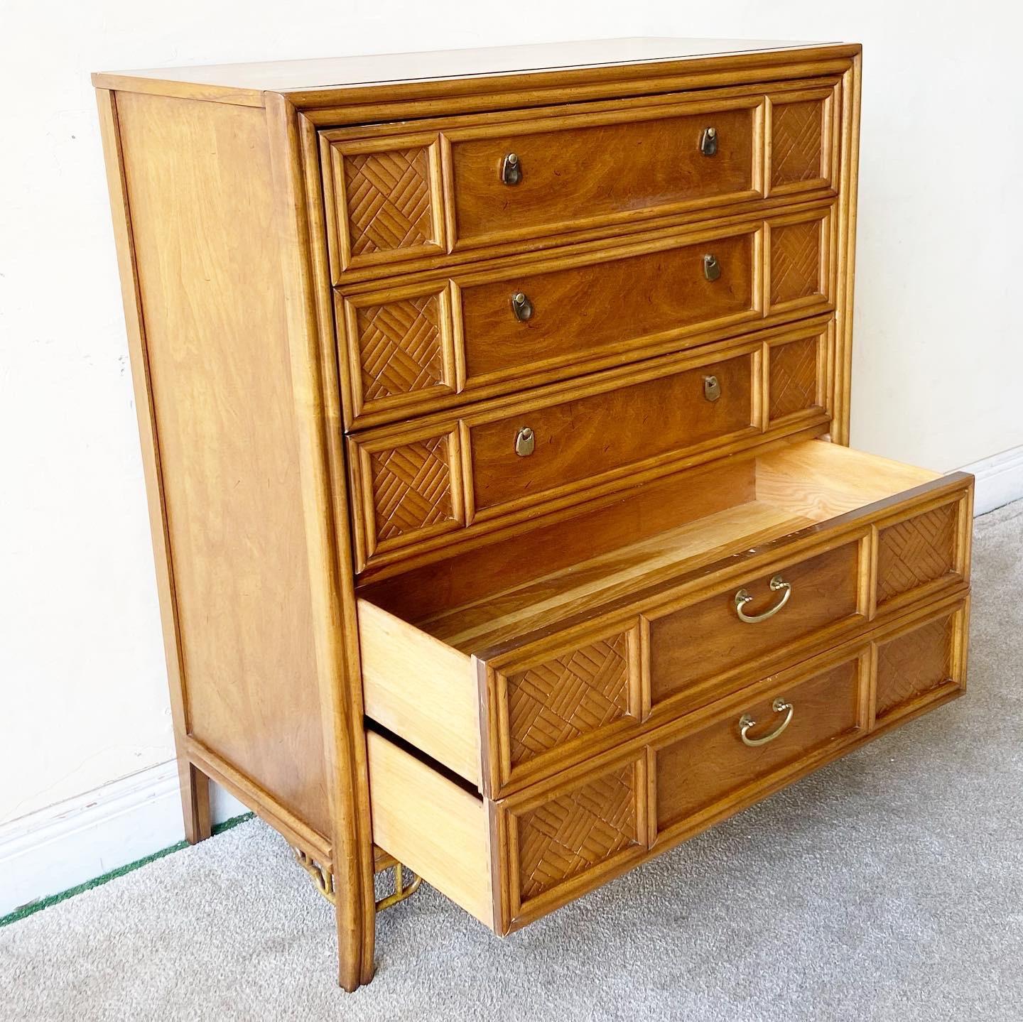 Incredible mid Century chinoiserie highboy dresser by Thomasville furniture Co. Features spacious drawers and a walnut finish.
