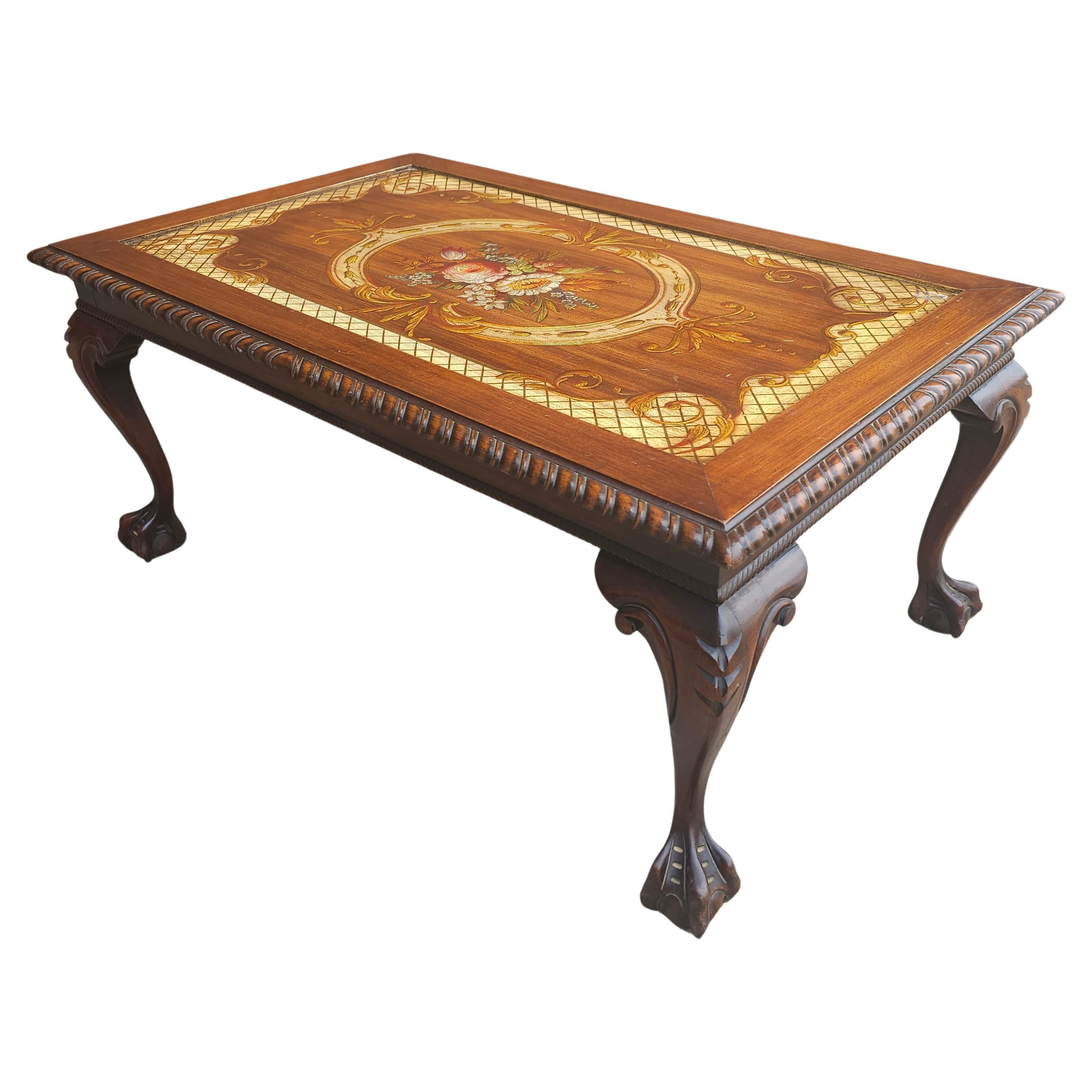 Unknown Mid Century Chippendale Carved and Ornate Mahogany  and Glass Inset Coffee Table For Sale