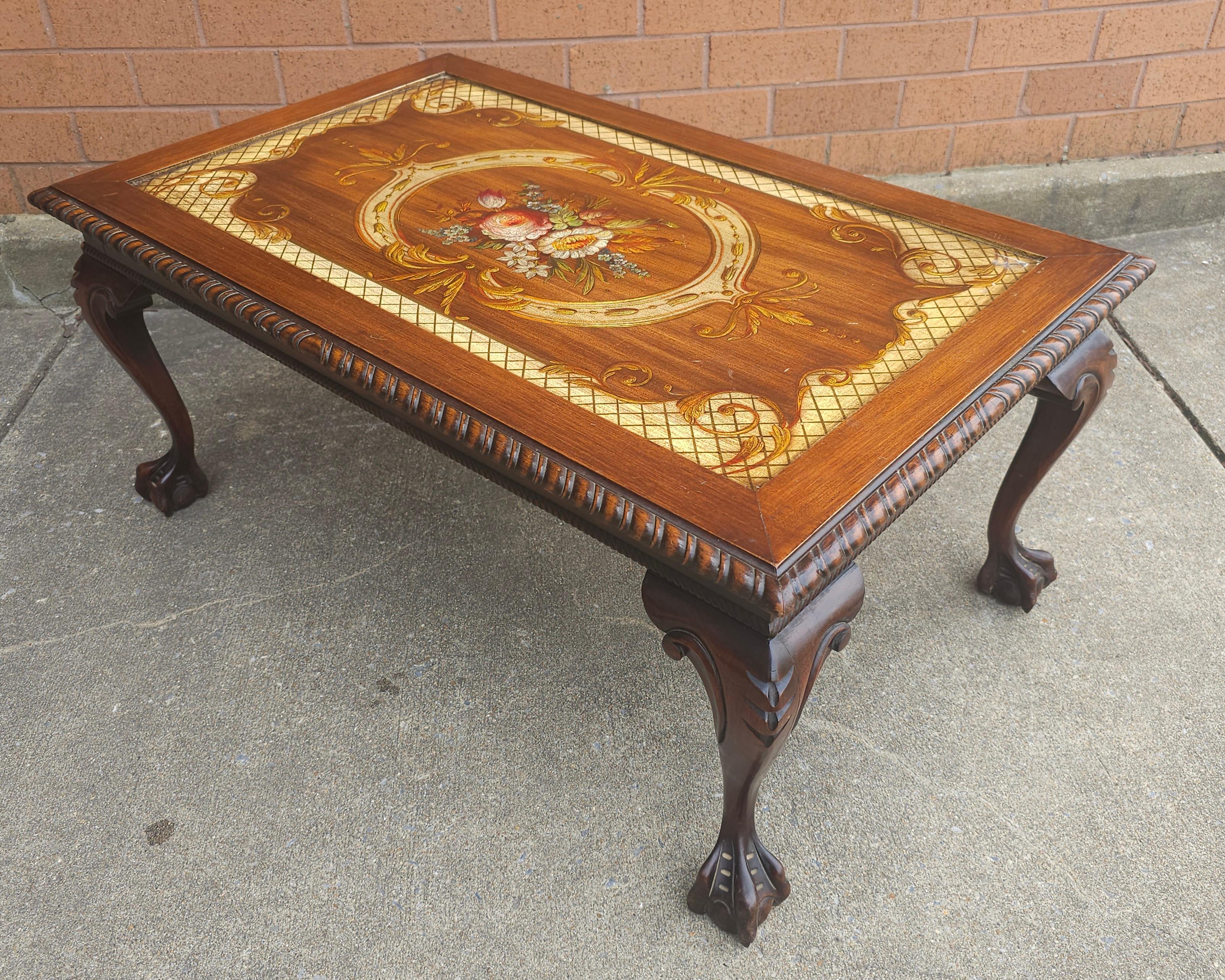20th Century Mid Century Chippendale Carved and Ornate Mahogany  and Glass Inset Coffee Table For Sale