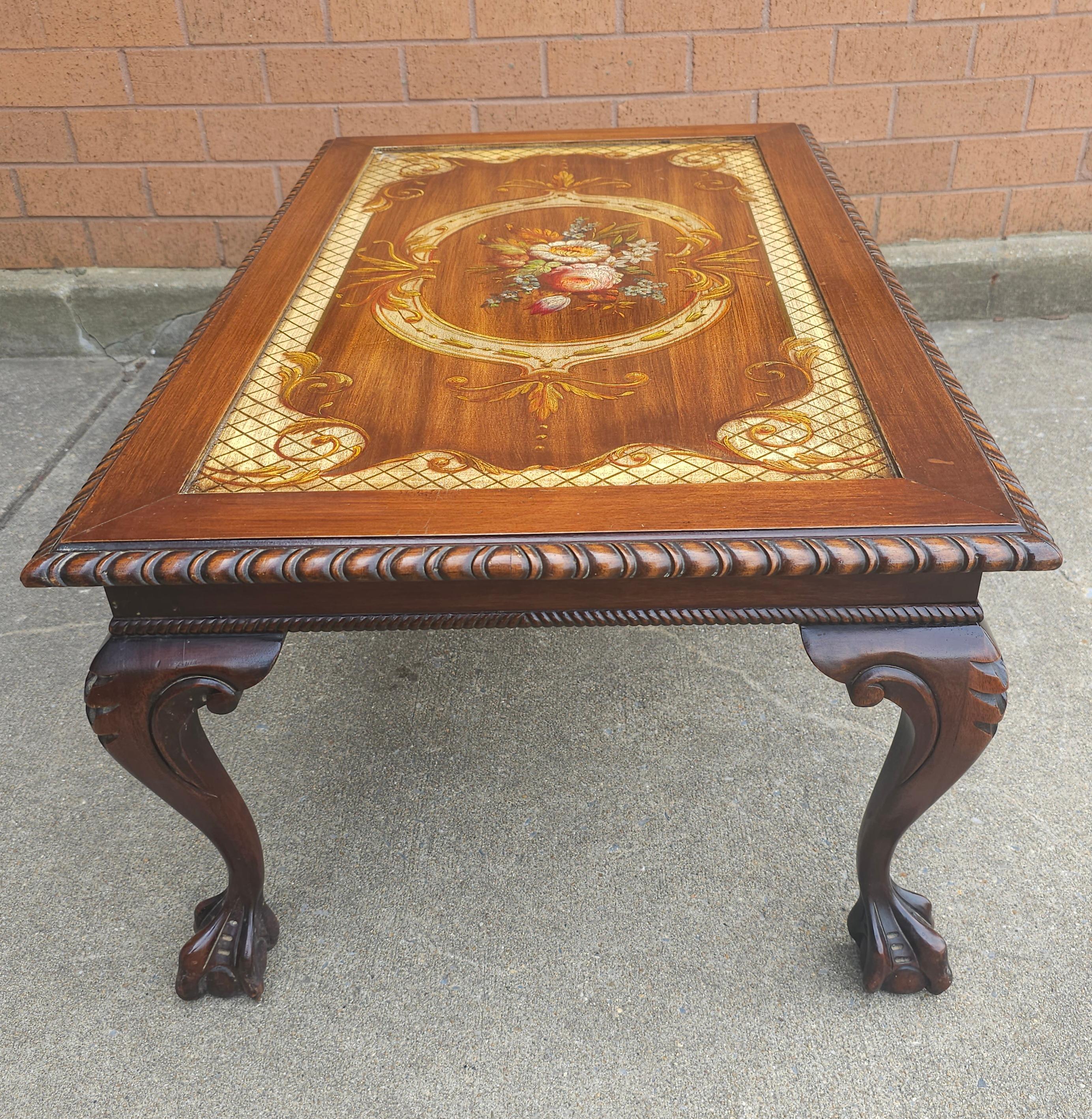 Brass Mid Century Chippendale Carved and Ornate Mahogany  and Glass Inset Coffee Table For Sale