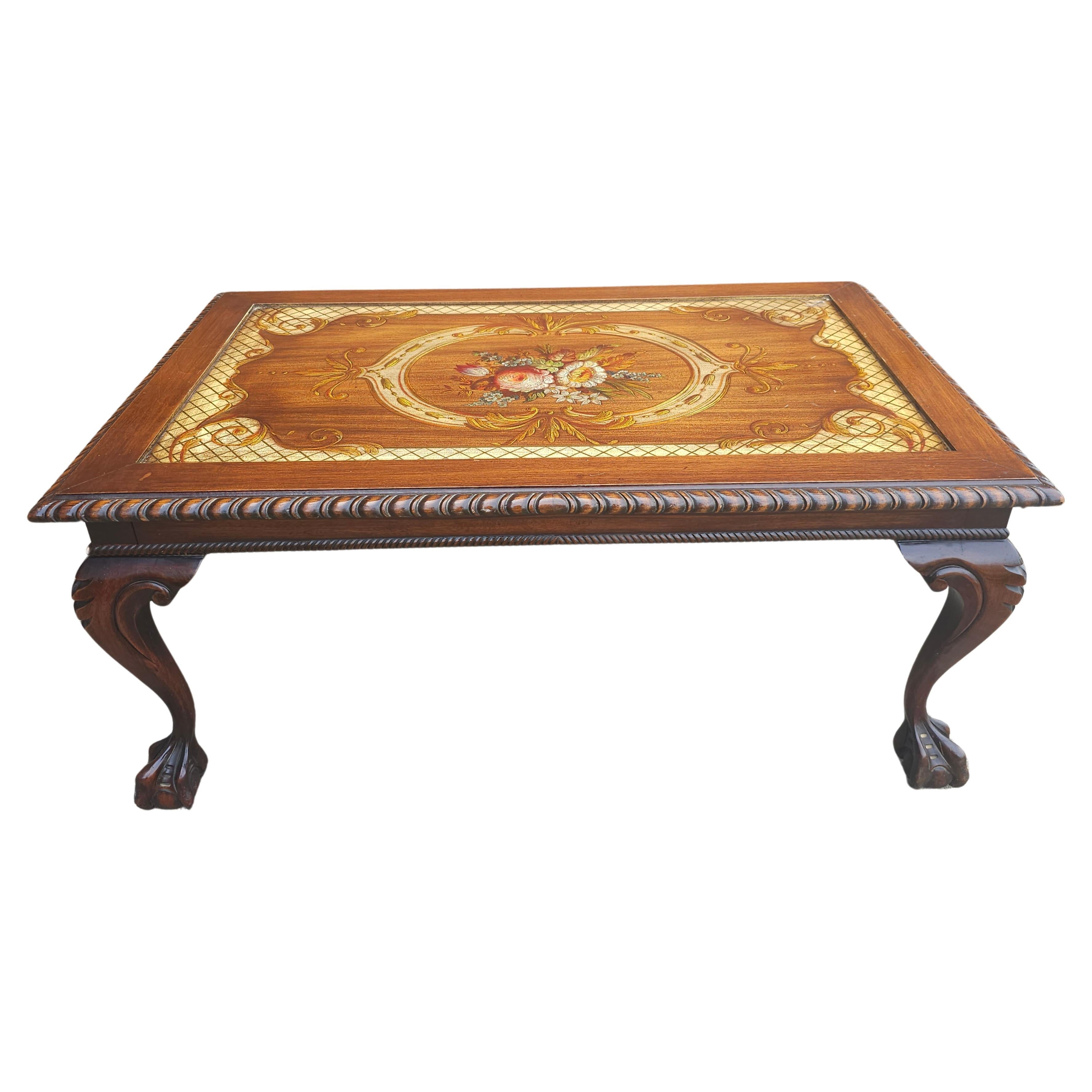 Mid Century Chippendale Carved and Ornate Mahogany  and Glass Inset Coffee Table For Sale