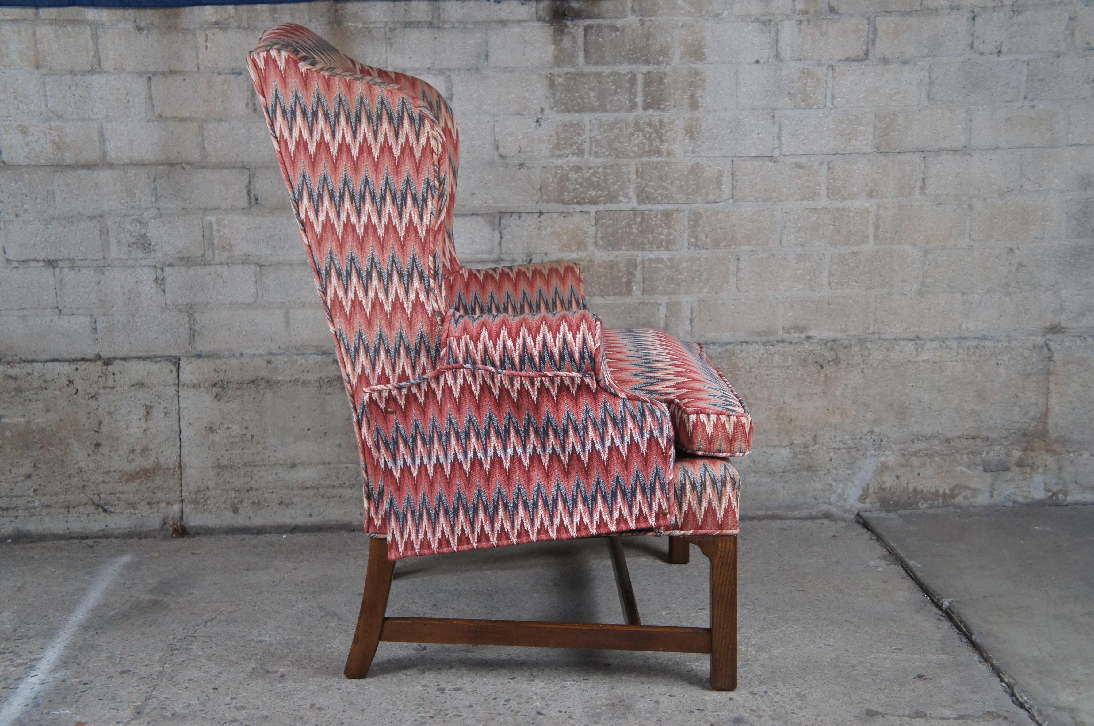 Mid-Century Chippendale Oak Chevron Upholstered Downfilled Wingback Arm Chair  In Good Condition For Sale In Dayton, OH