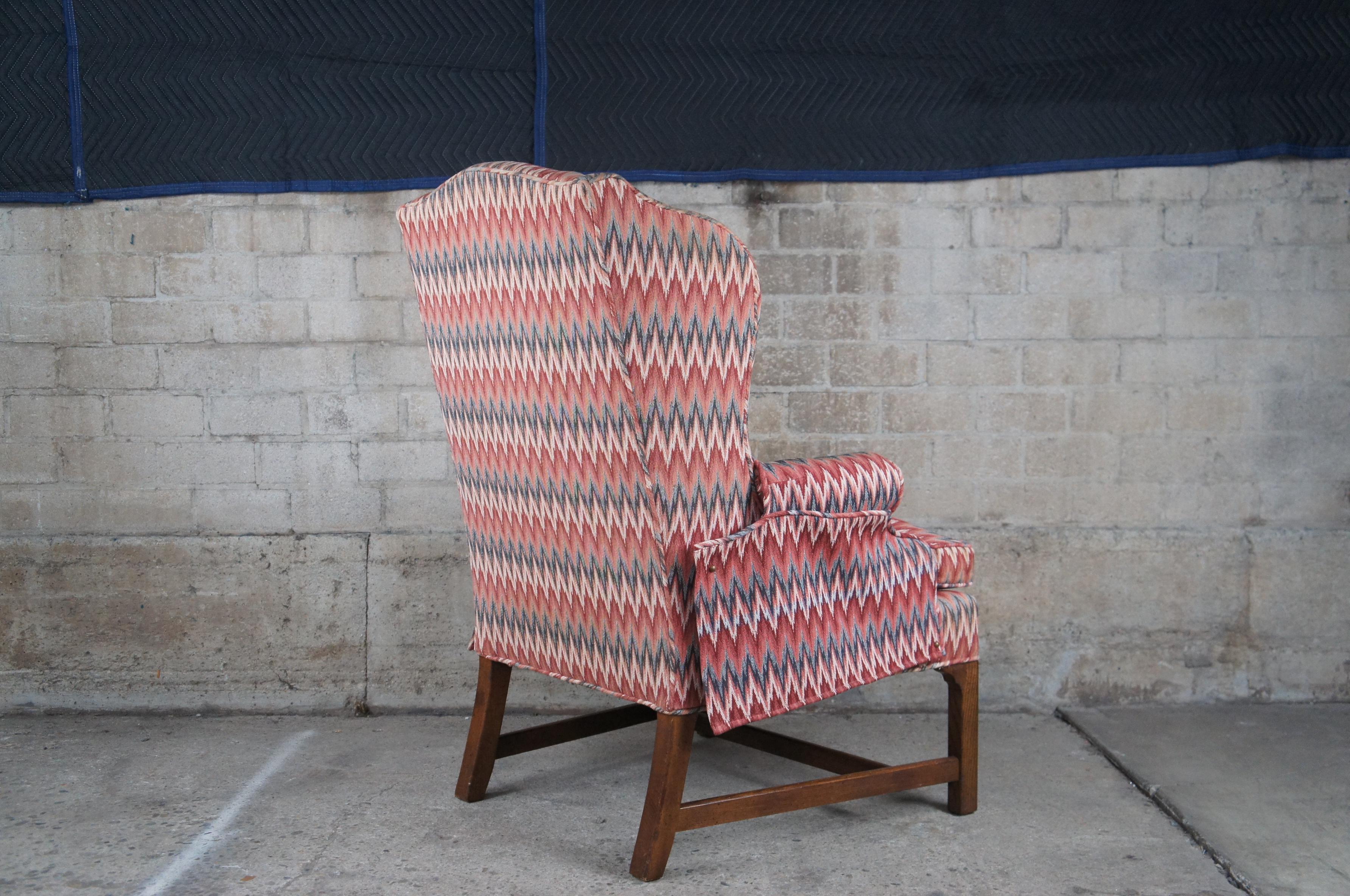 20th Century Mid-Century Chippendale Oak Chevron Upholstered Downfilled Wingback Arm Chair  For Sale