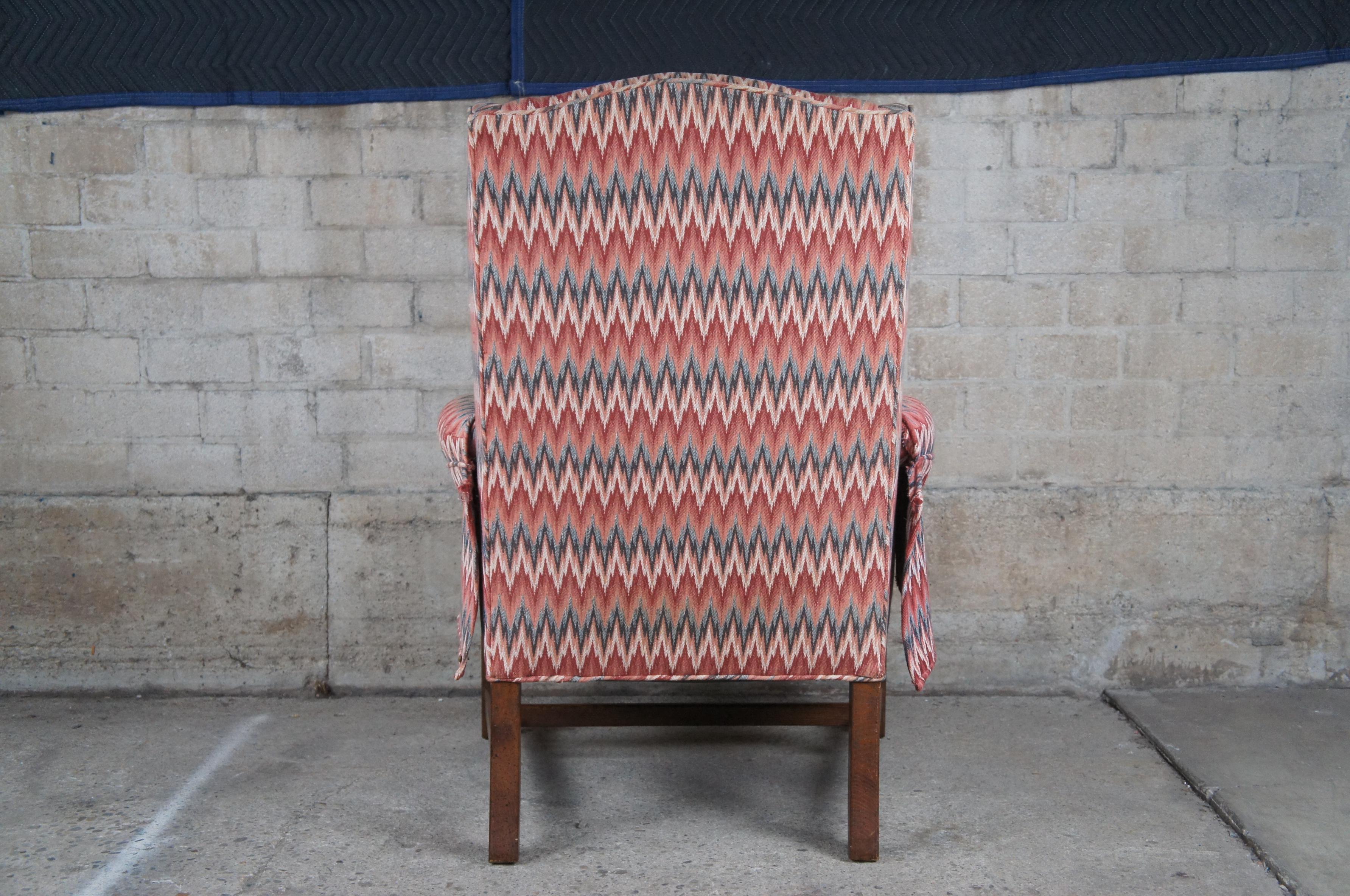 Upholstery Mid-Century Chippendale Oak Chevron Upholstered Downfilled Wingback Arm Chair  For Sale