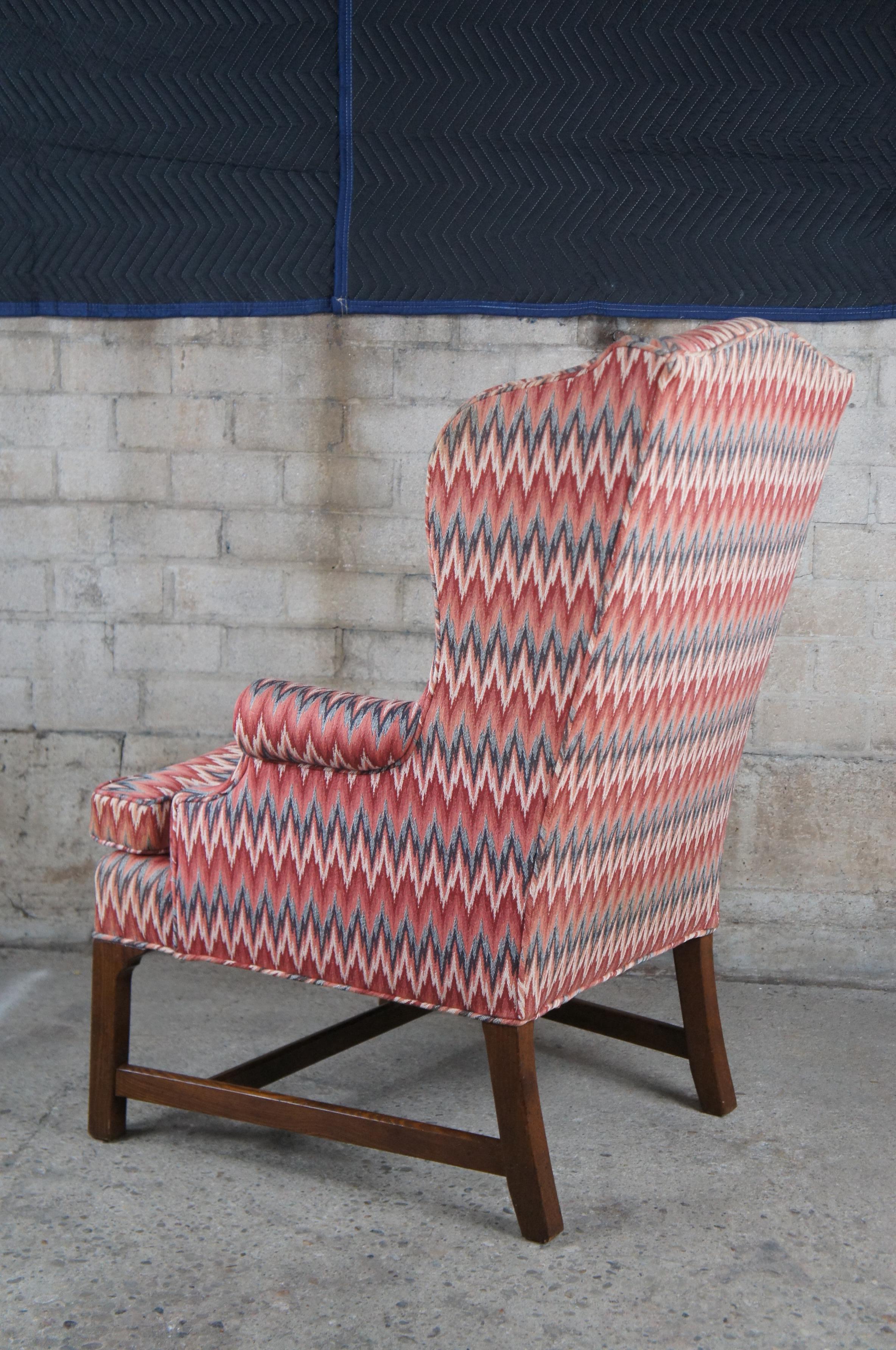 Mid-Century Chippendale Oak Chevron Upholstered Downfilled Wingback Arm Chair  For Sale 1