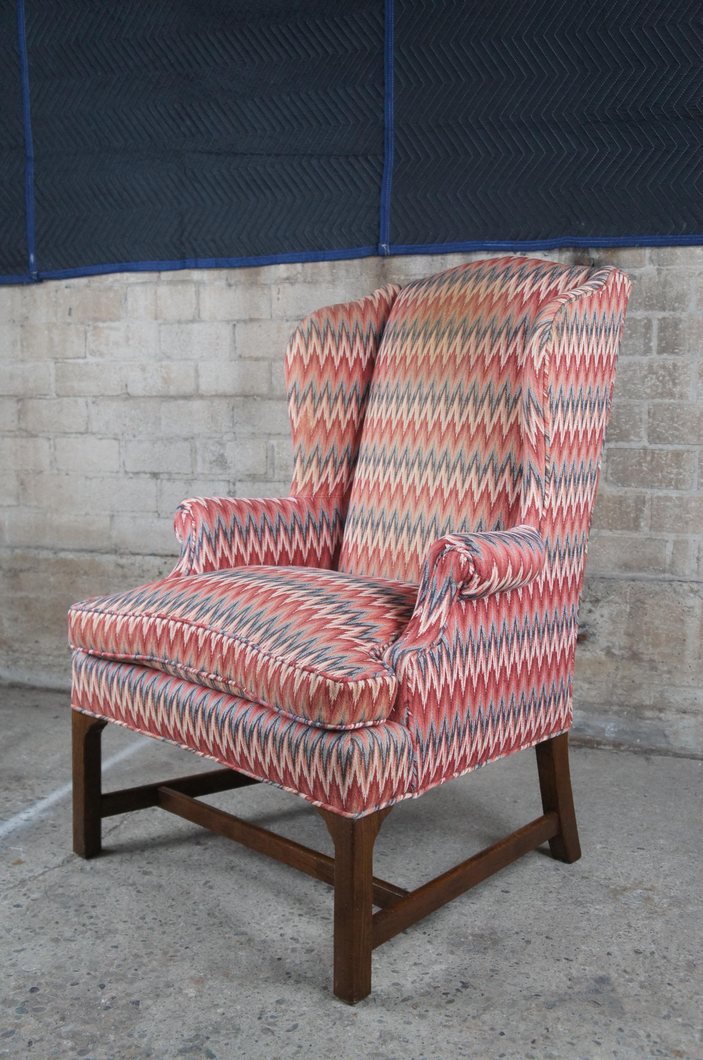 Mid-Century Chippendale Oak Chevron Upholstered Downfilled Wingback Arm Chair  For Sale 2