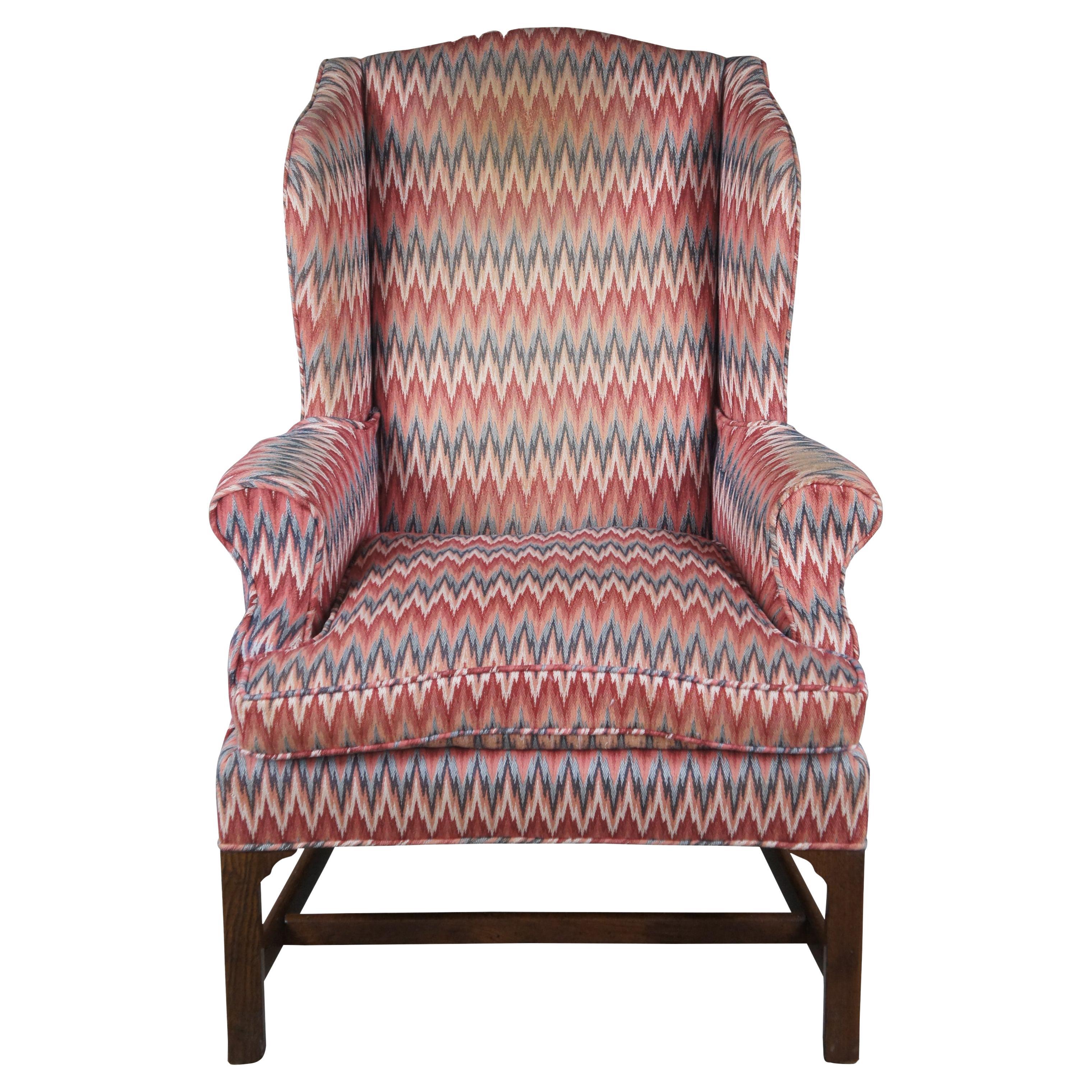 Mid-Century Chippendale Oak Chevron Upholstered Downfilled Wingback Arm Chair 