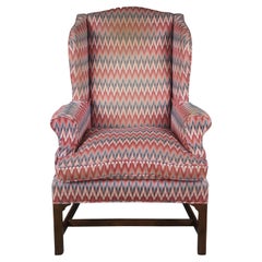 Retro Mid-Century Chippendale Oak Chevron Upholstered Downfilled Wingback Arm Chair 