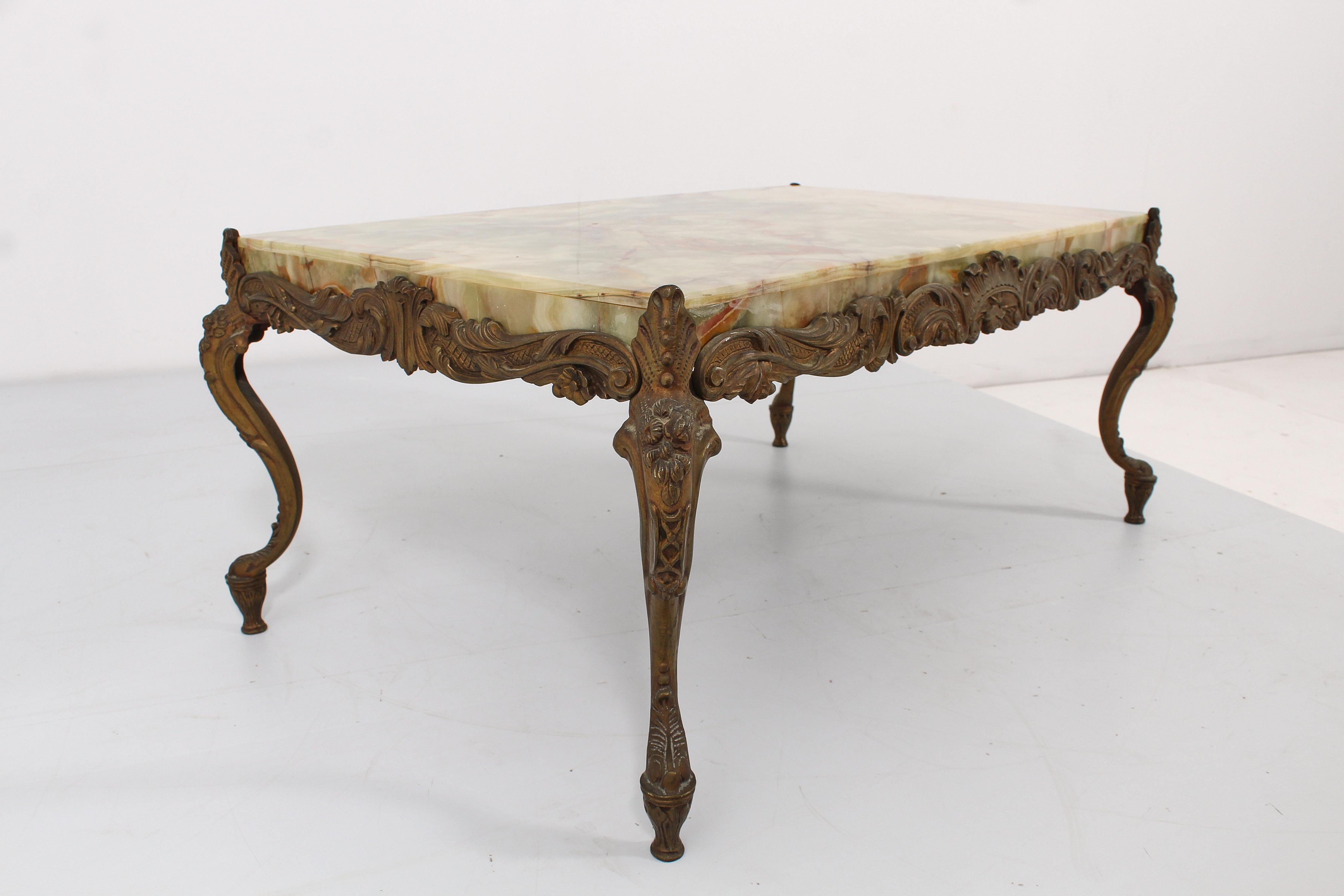Italian Midcentury Chippendale Style Bronze and Onyx Coffee Table, Italy, 1950s For Sale
