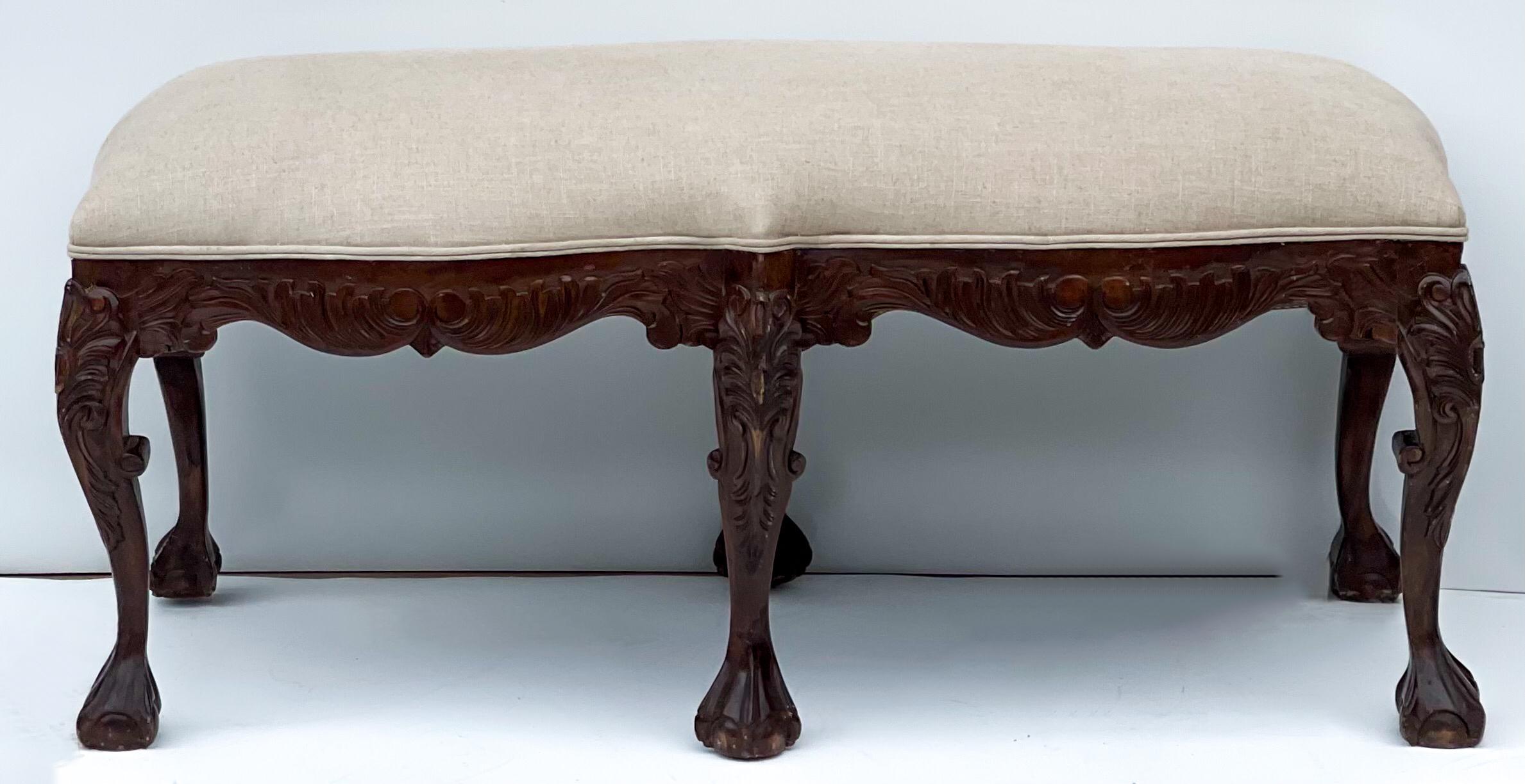 Chinese Chippendale Mid-Century Chippendale Style Carved Mahogany Ball and Claw Bench in Linen