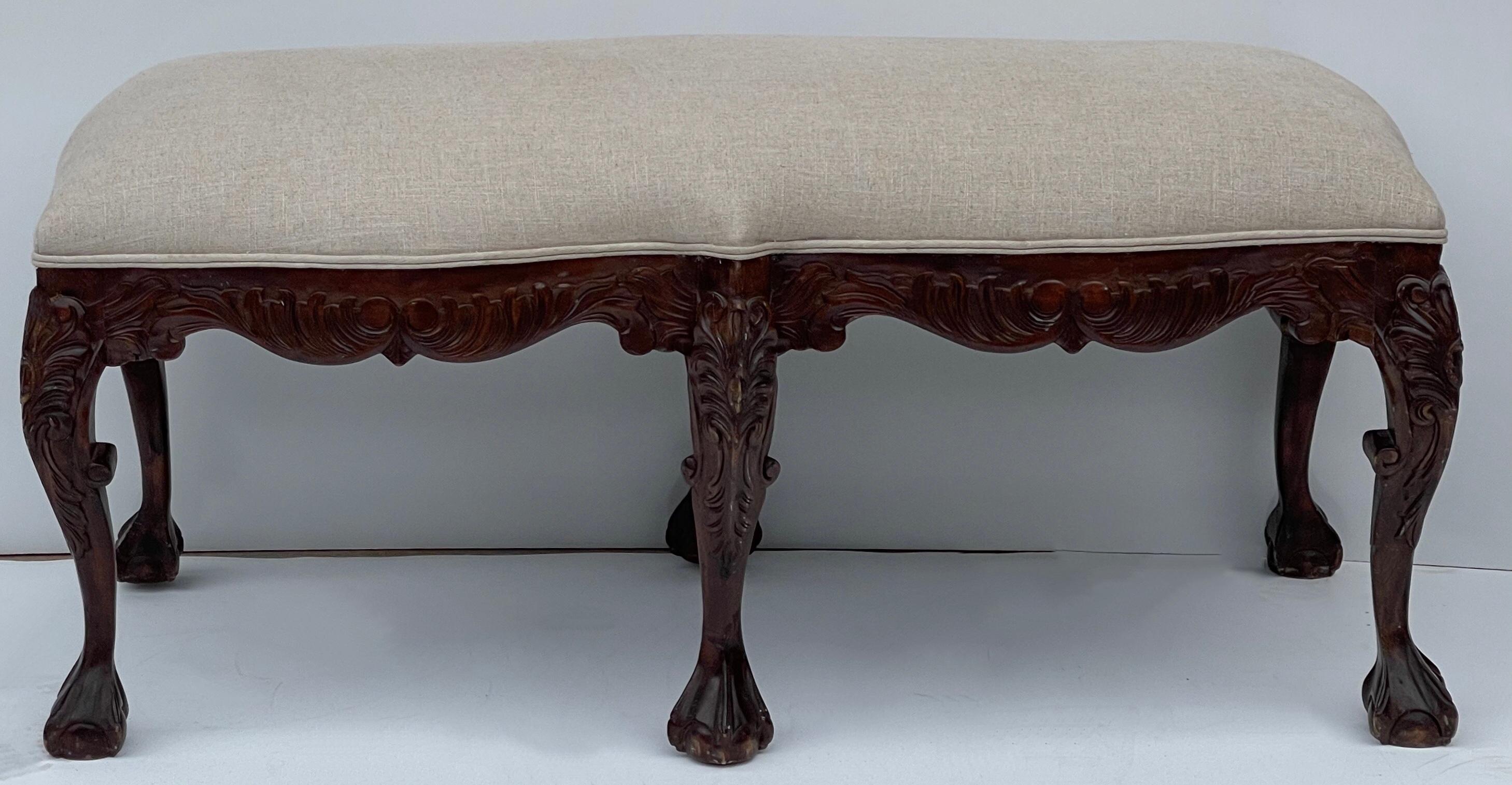 20th Century Mid-Century Chippendale Style Carved Mahogany Ball and Claw Bench in Linen