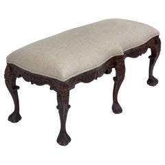 Vintage Mid-Century Chippendale Style Carved Mahogany Ball and Claw Bench in Linen