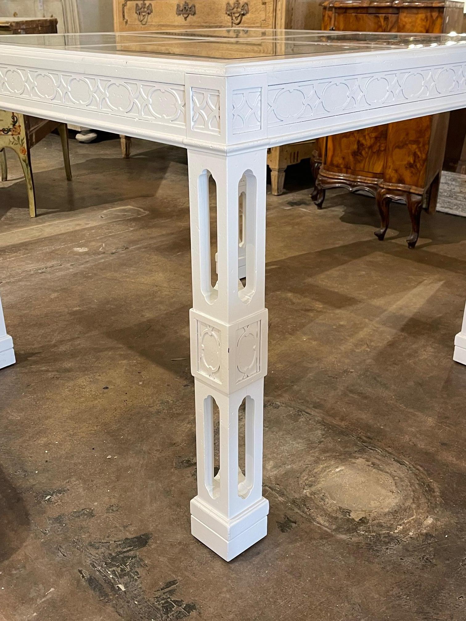 Carved Mid Century Chippendale Style English White Lacquered and Glass Game Table