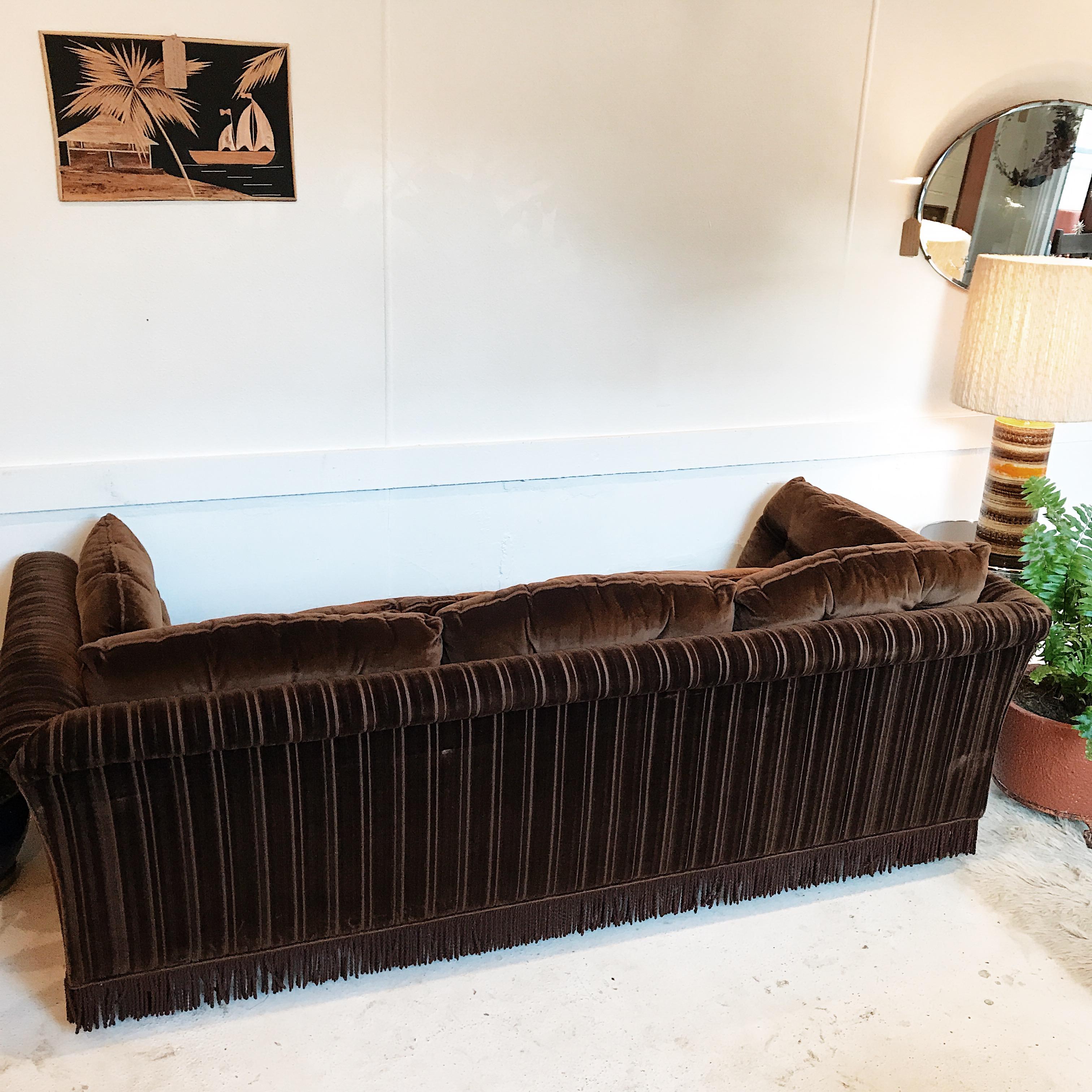Midcentury Chocolate Brown Velvet Buttoned Three-Seat Sofa 4