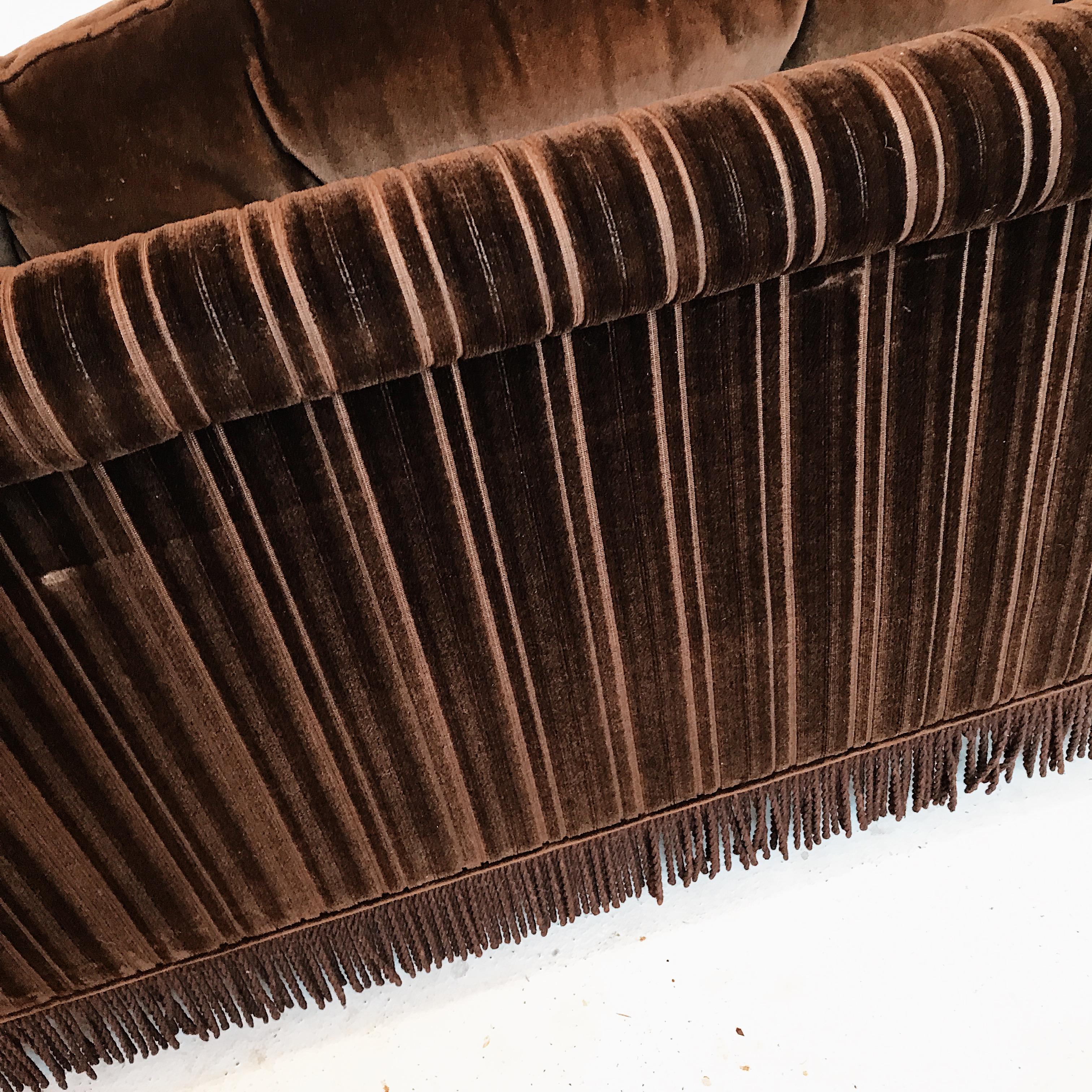 Midcentury Chocolate Brown Velvet Buttoned Three-Seat Sofa 8