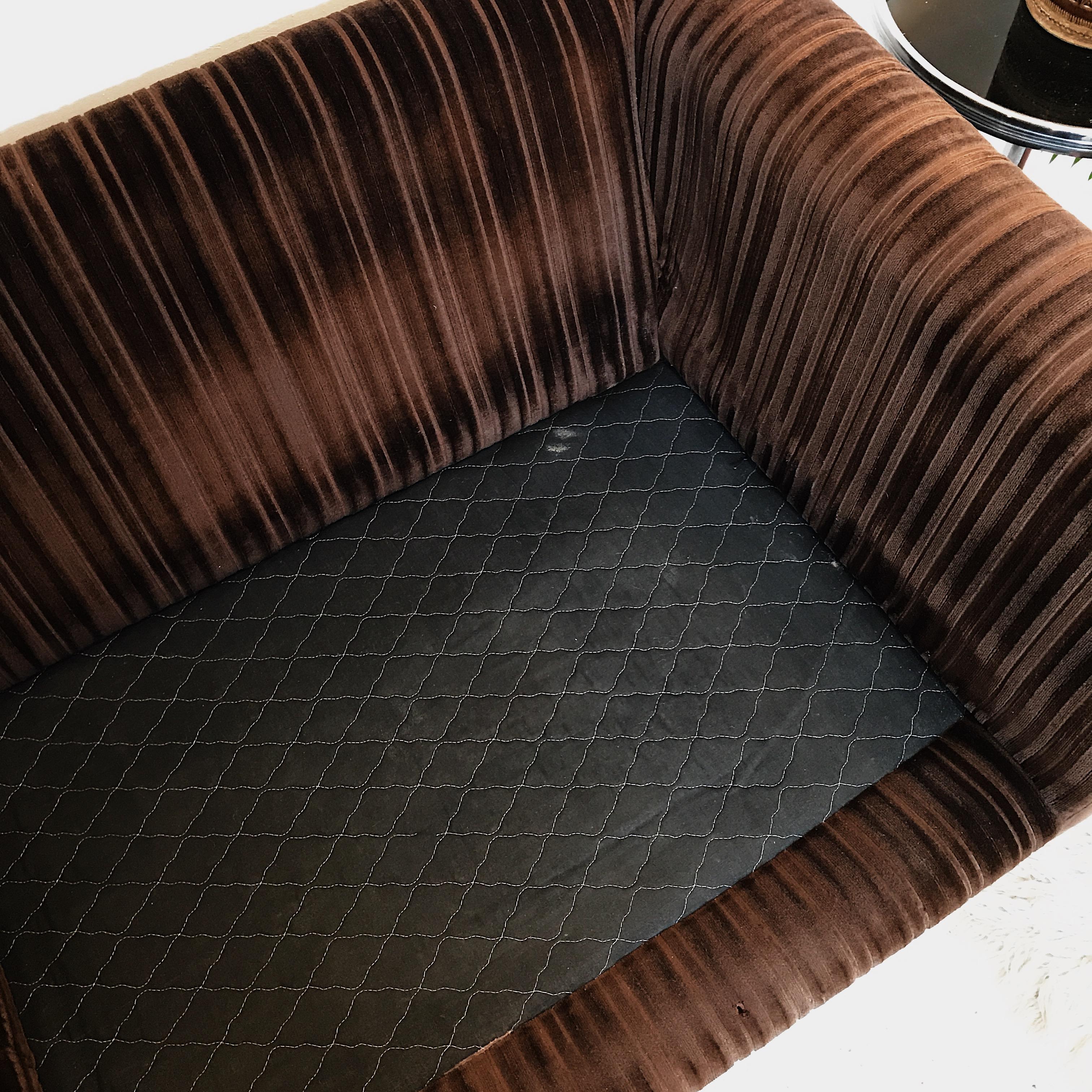 Midcentury Chocolate Brown Velvet Buttoned Three-Seat Sofa 9