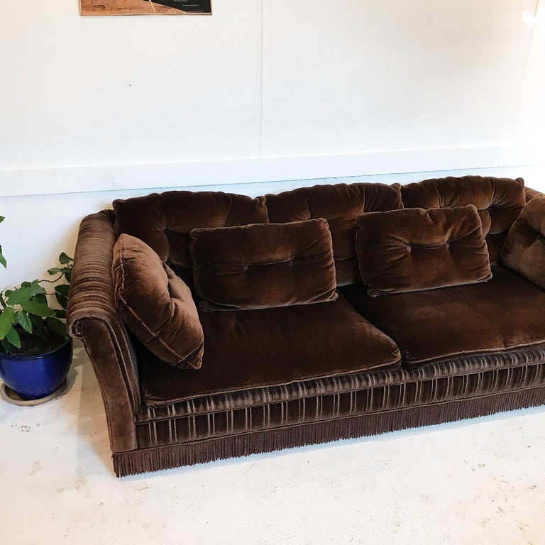 Midcentury Chocolate Brown Velvet Buttoned ThreeSeat Sofa at 1stdibs — free download