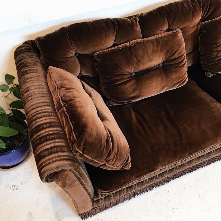 Midcentury Chocolate Brown Velvet Buttoned ThreeSeat Sofa at 1stdibs