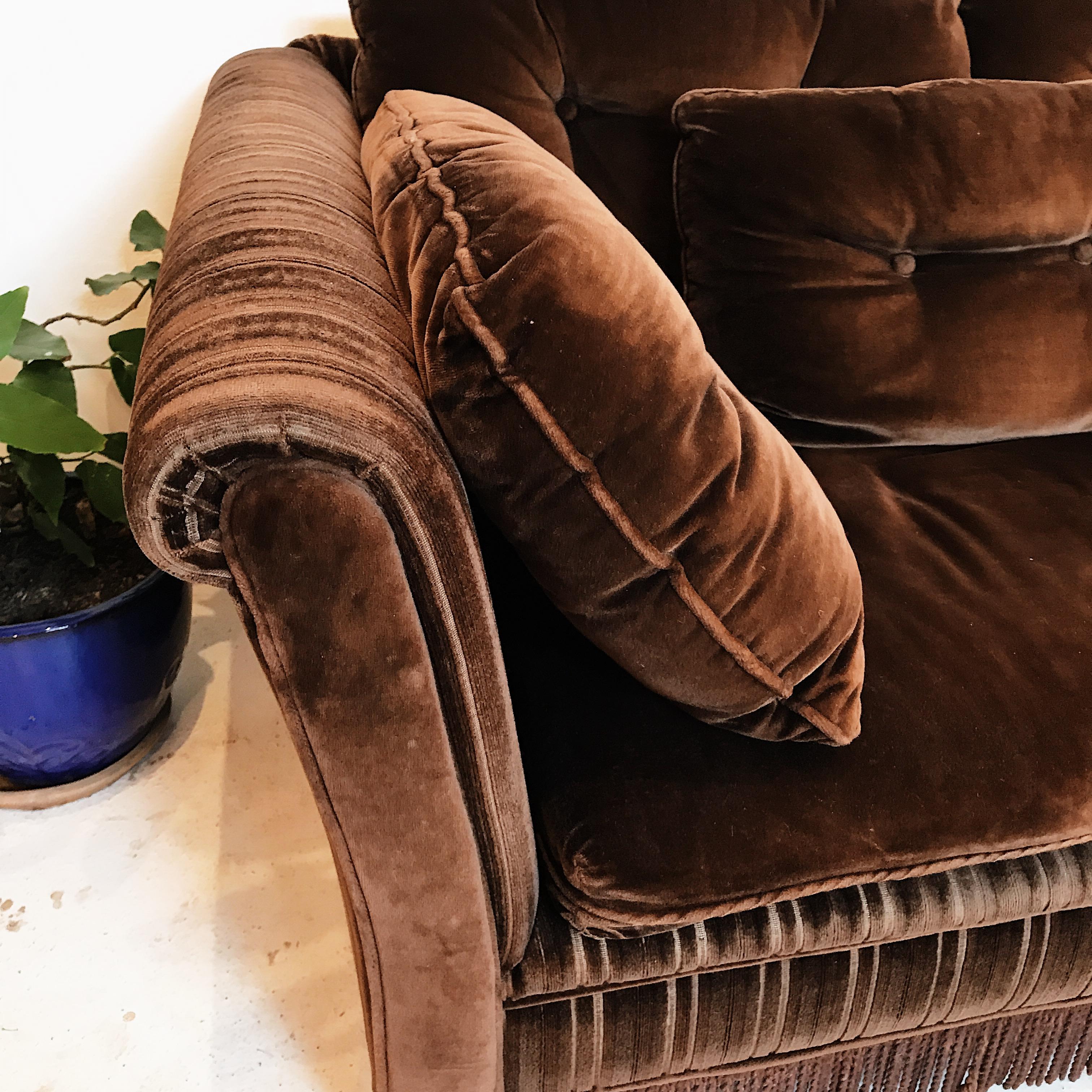 Mid-Century Modern Midcentury Chocolate Brown Velvet Buttoned Three-Seat Sofa