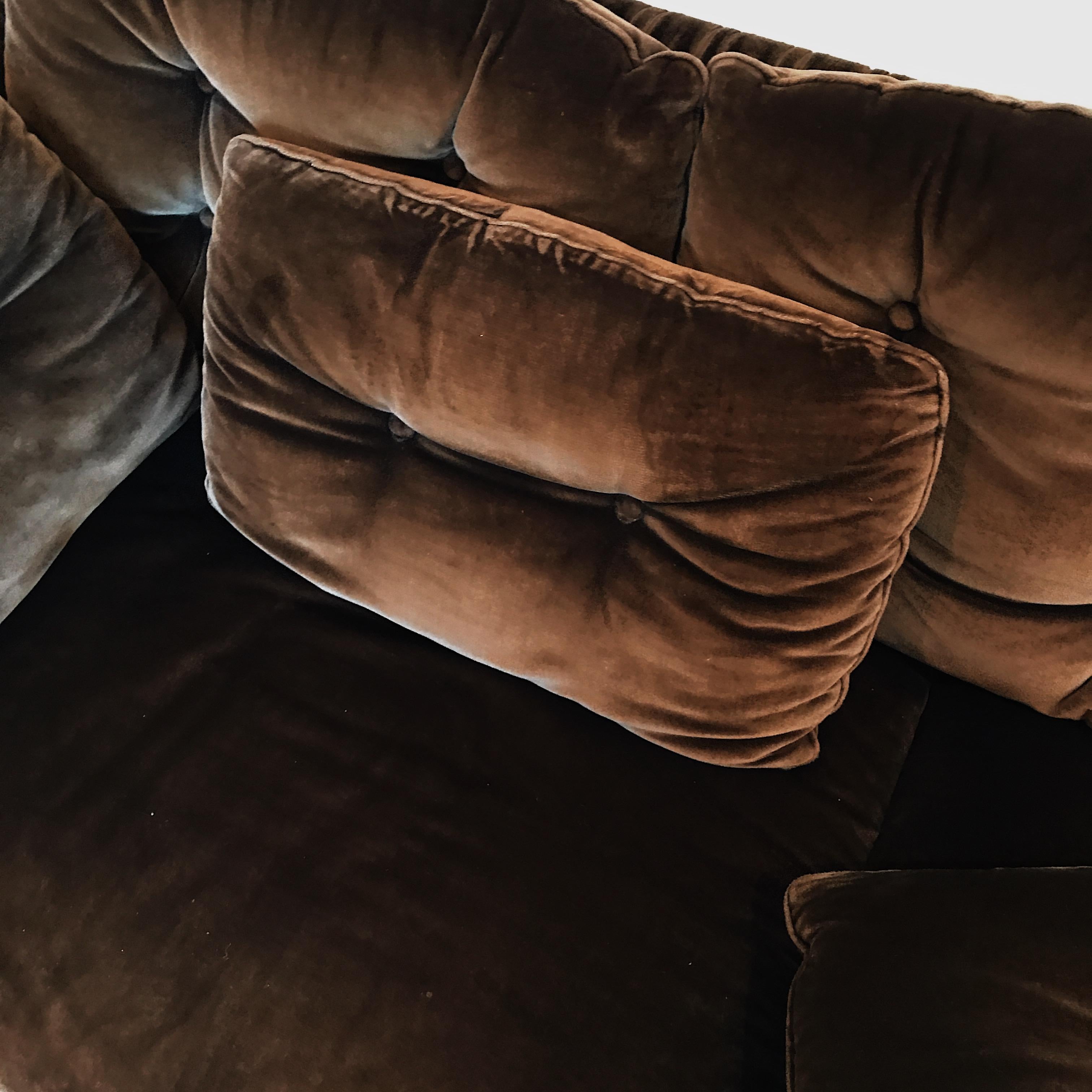 Australian Midcentury Chocolate Brown Velvet Buttoned Three-Seat Sofa