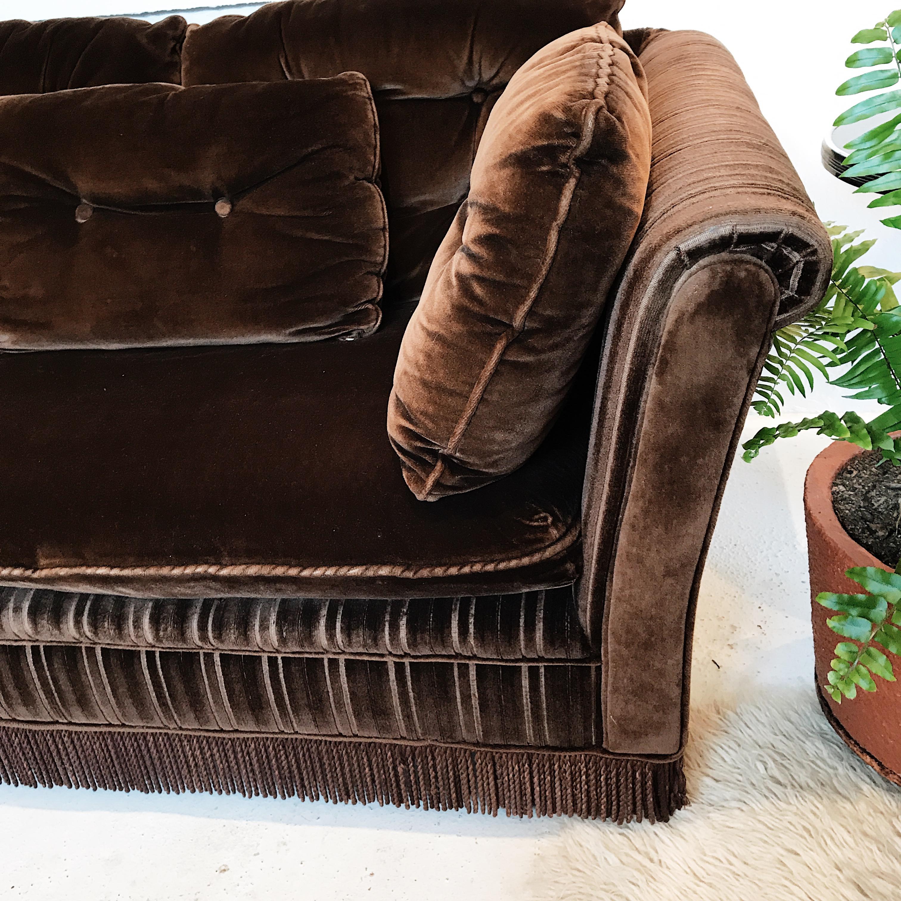 Midcentury Chocolate Brown Velvet Buttoned Three-Seat Sofa In Good Condition In Ettalong Beach, NSW
