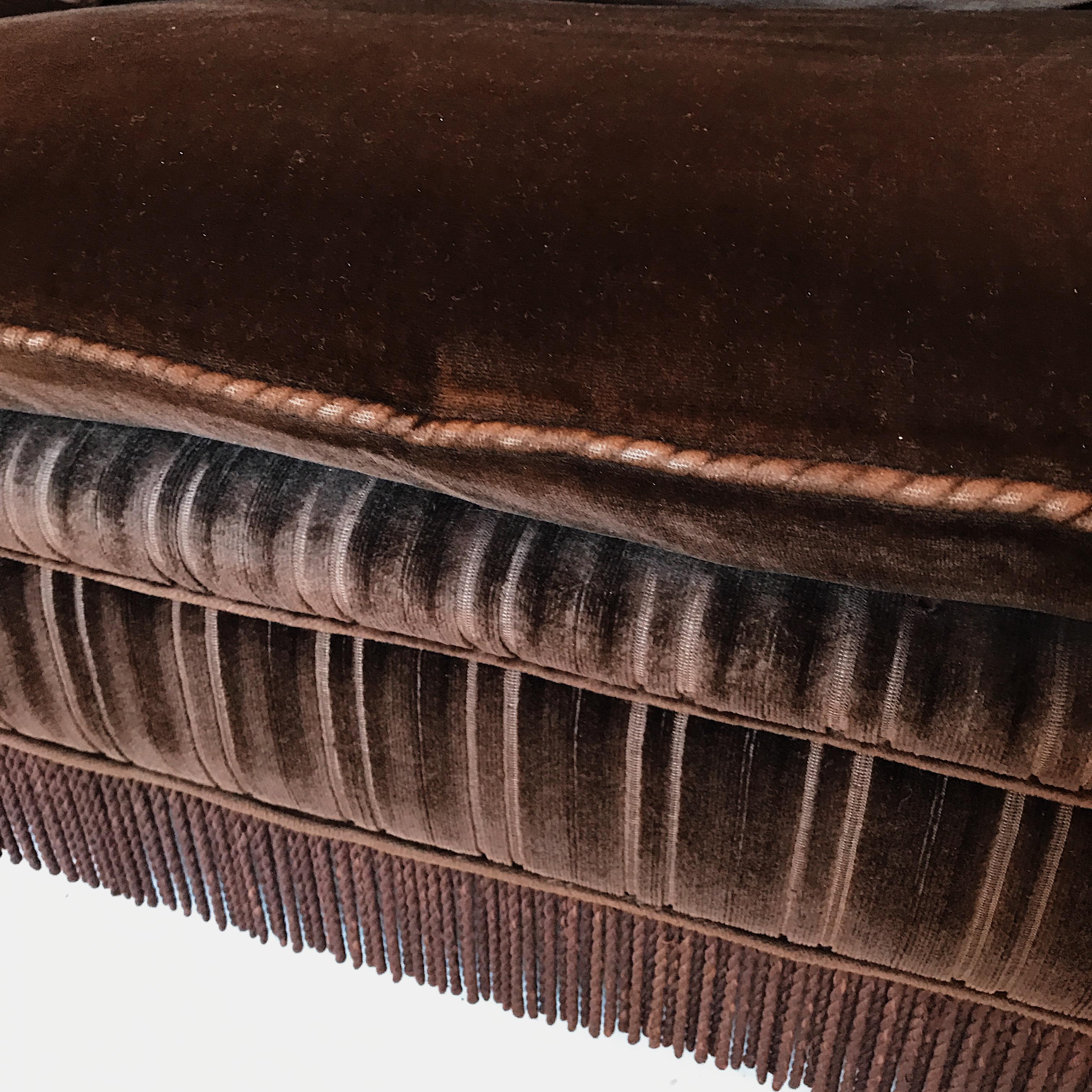Midcentury Chocolate Brown Velvet Buttoned Three-Seat Sofa 2