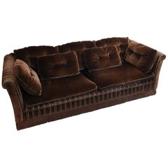 Vintage Midcentury Chocolate Brown Velvet Buttoned Three-Seat Sofa