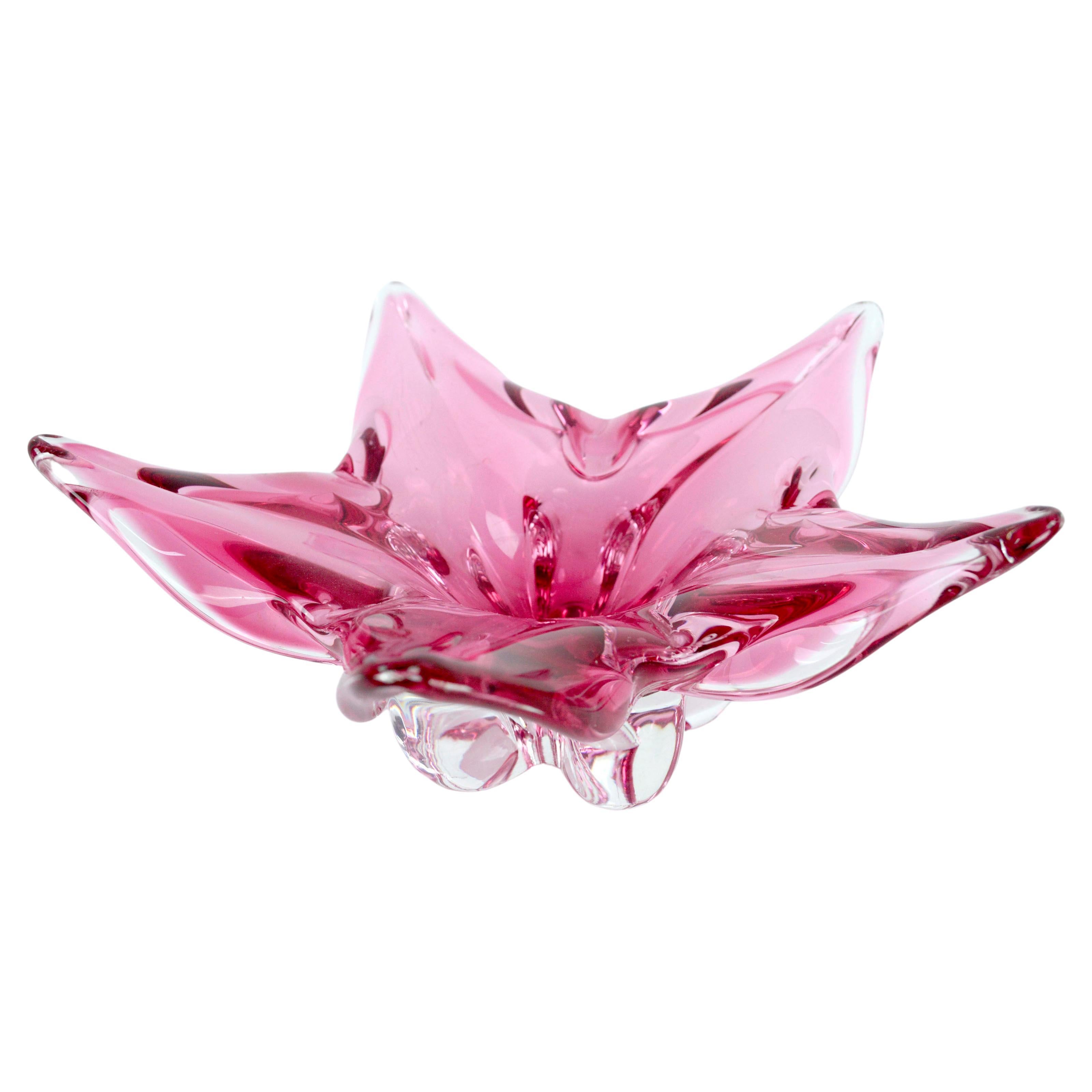 Mid Century Modern Chribska Glassworks, Czech Pink Star Flower Footed Glass Dish For Sale