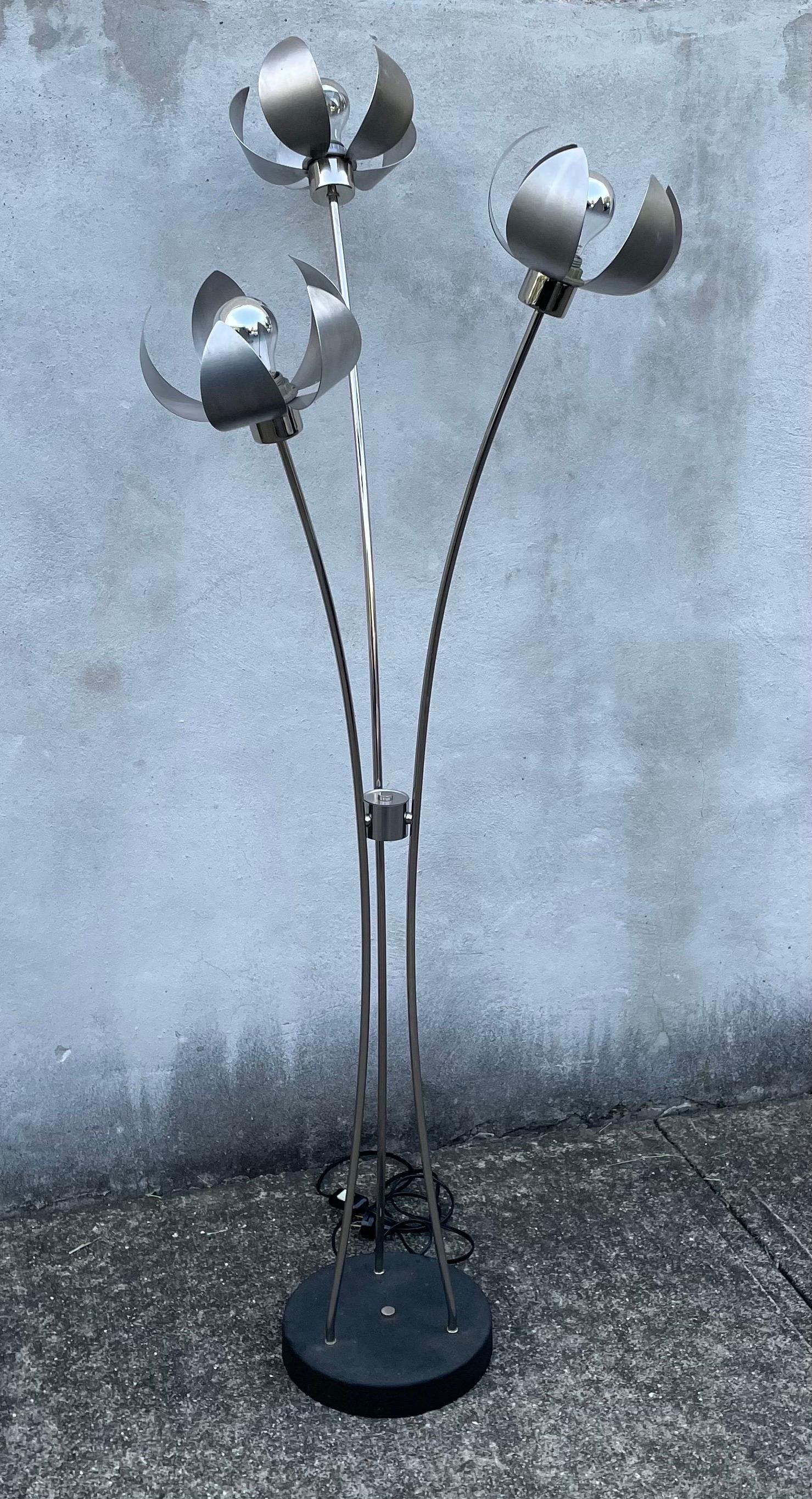 Beautiful Mid Century chrome and aluminum three arm floor lamp with tulip shaped shades, France.