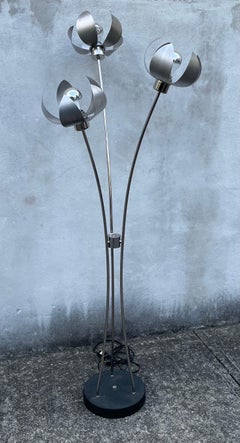 Mid Century Modern Three-Light Brushed Aluminum and Chrome Lotus Floor Lamp