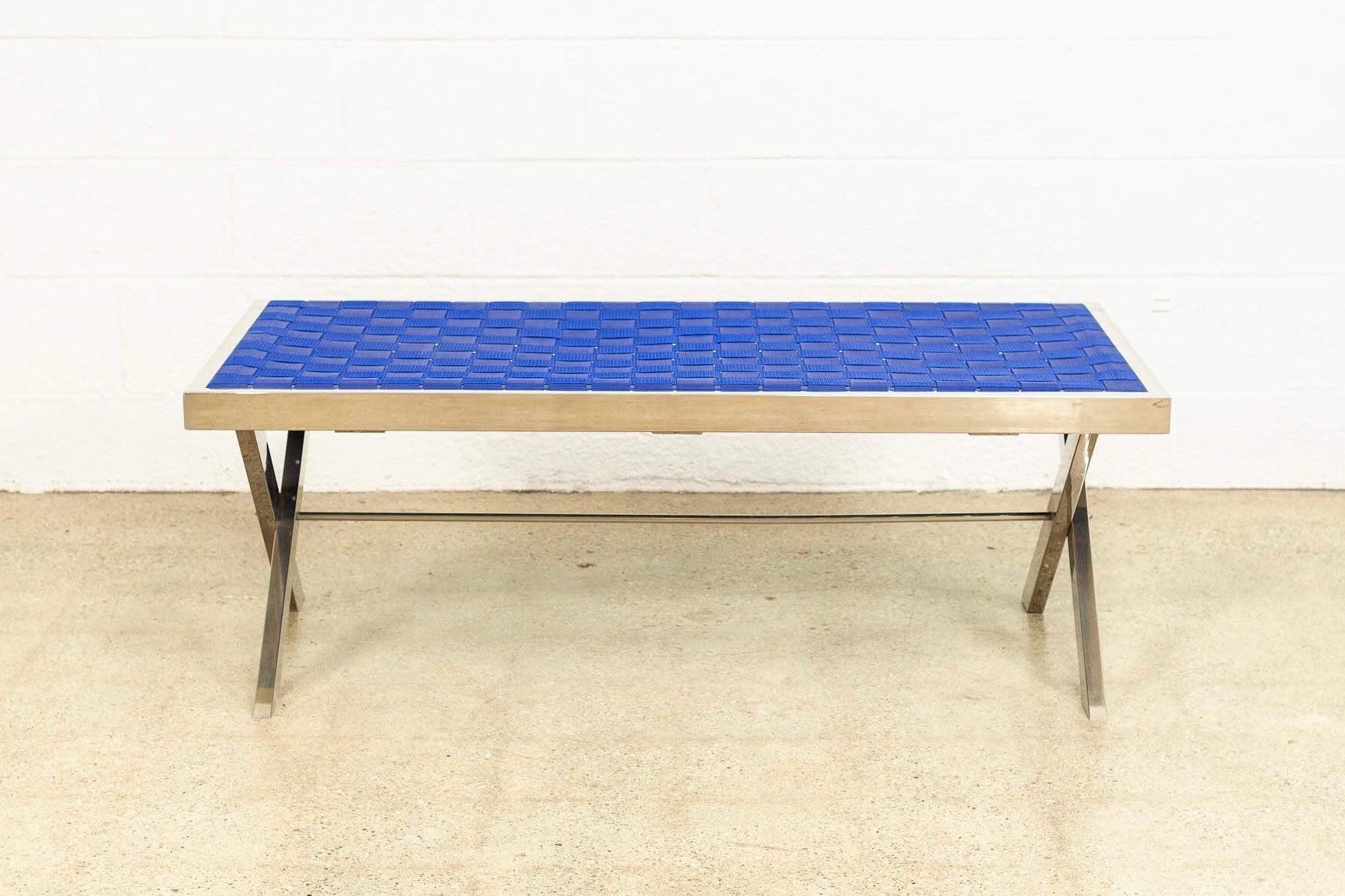Unknown Mid Century Chrome and Blue Strap Bench Milo Baughman Style For Sale
