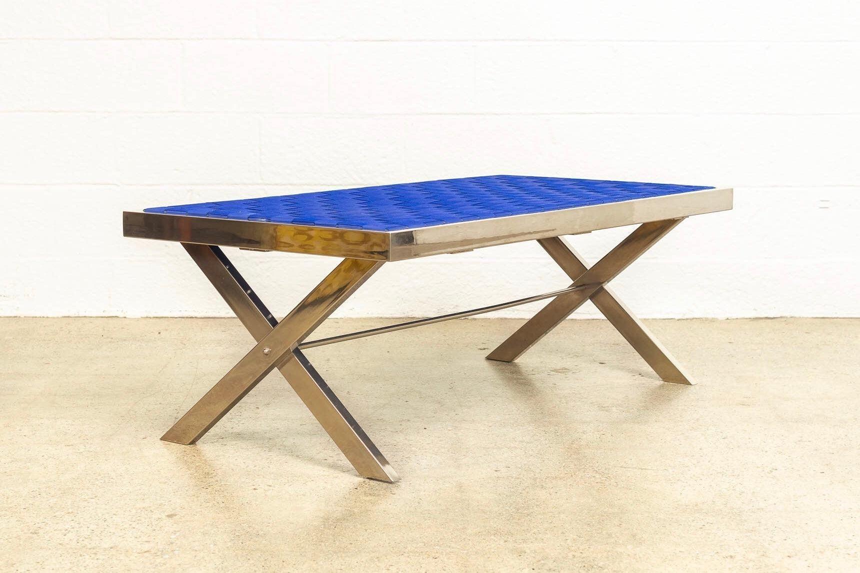 Mid Century Chrome and Blue Strap Bench Milo Baughman Style In Good Condition For Sale In Detroit, MI