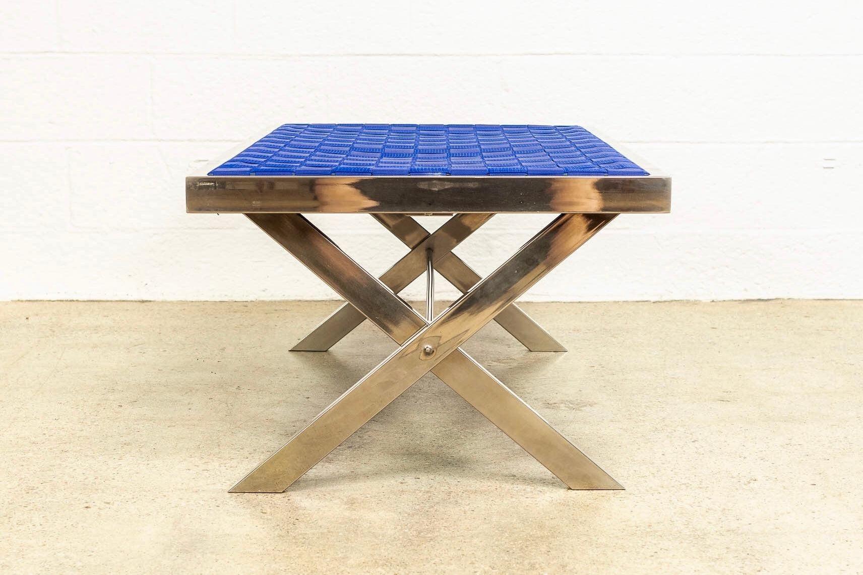 20th Century Mid Century Chrome and Blue Strap Bench Milo Baughman Style For Sale