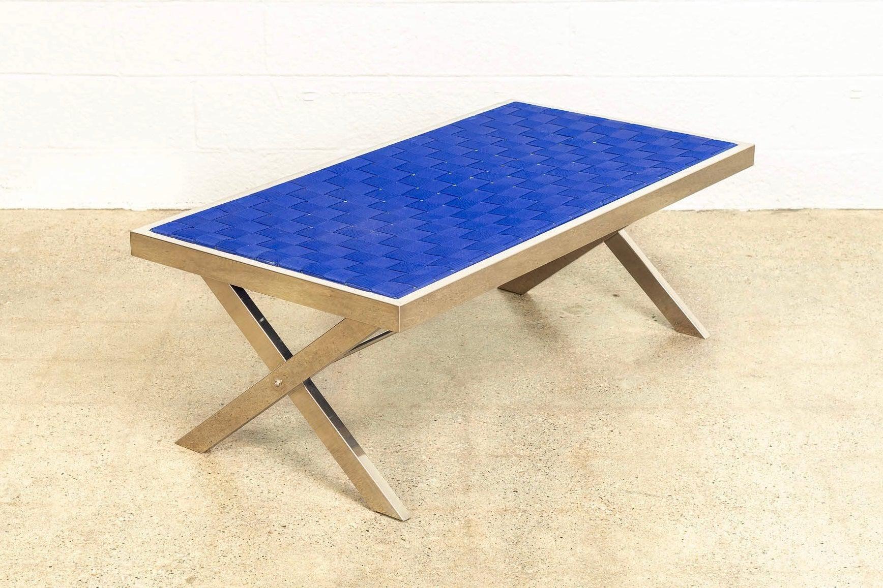 Metal Mid Century Chrome and Blue Strap Bench Milo Baughman Style For Sale