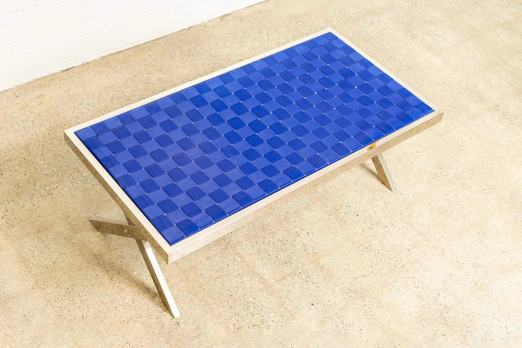 Mid Century Chrome and Blue Strap Bench Milo Baughman Style For Sale 1