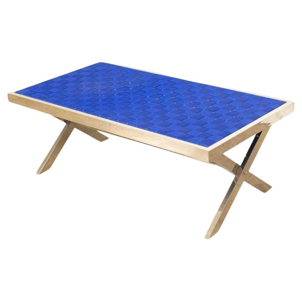 Banc à sangles bleues et chromées de style Milo Baughman