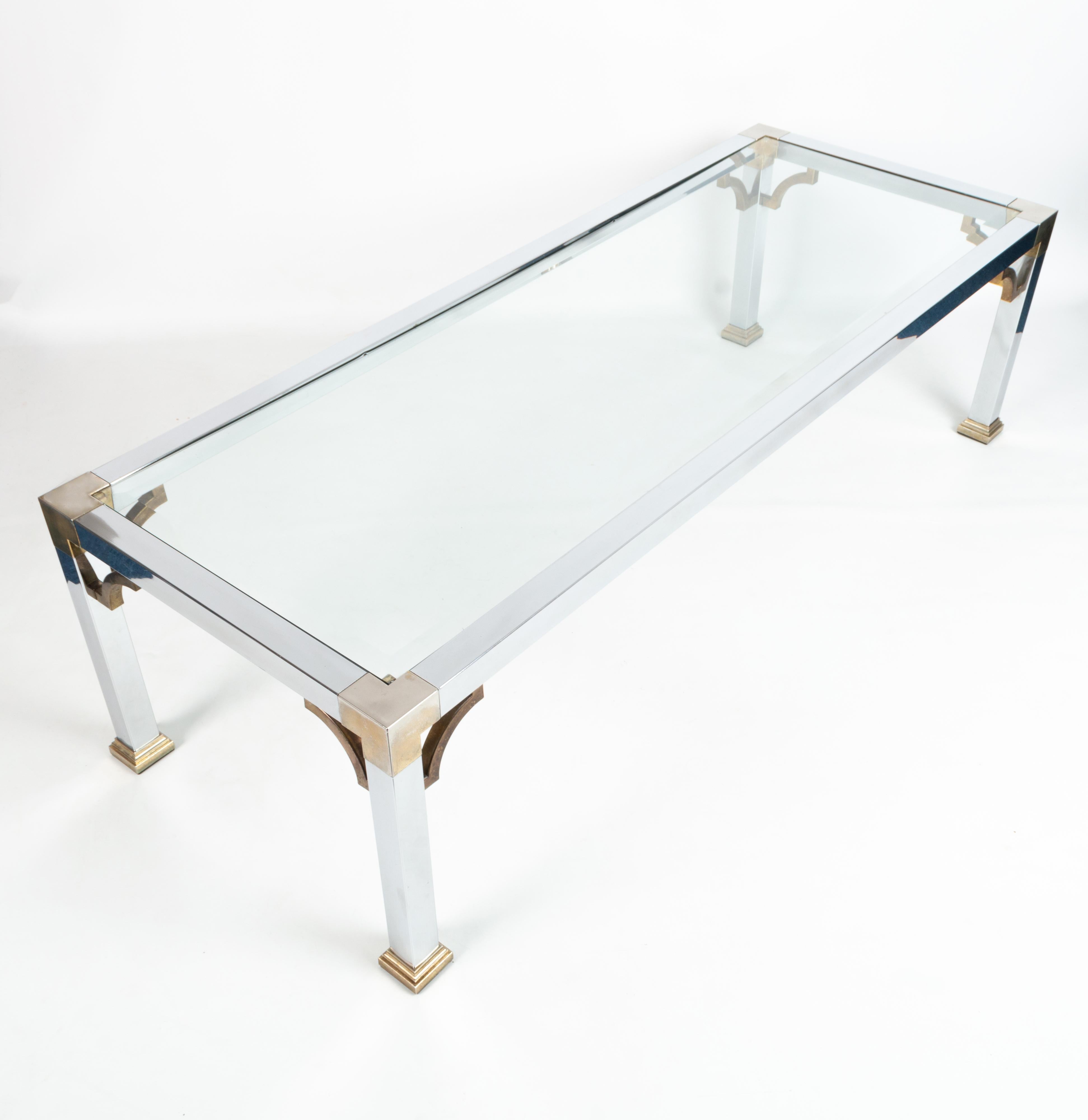 Mid-Century Modern Mid-Century Chrome and Brass Long Glass Top Coffee Table, Italy C.1970 For Sale