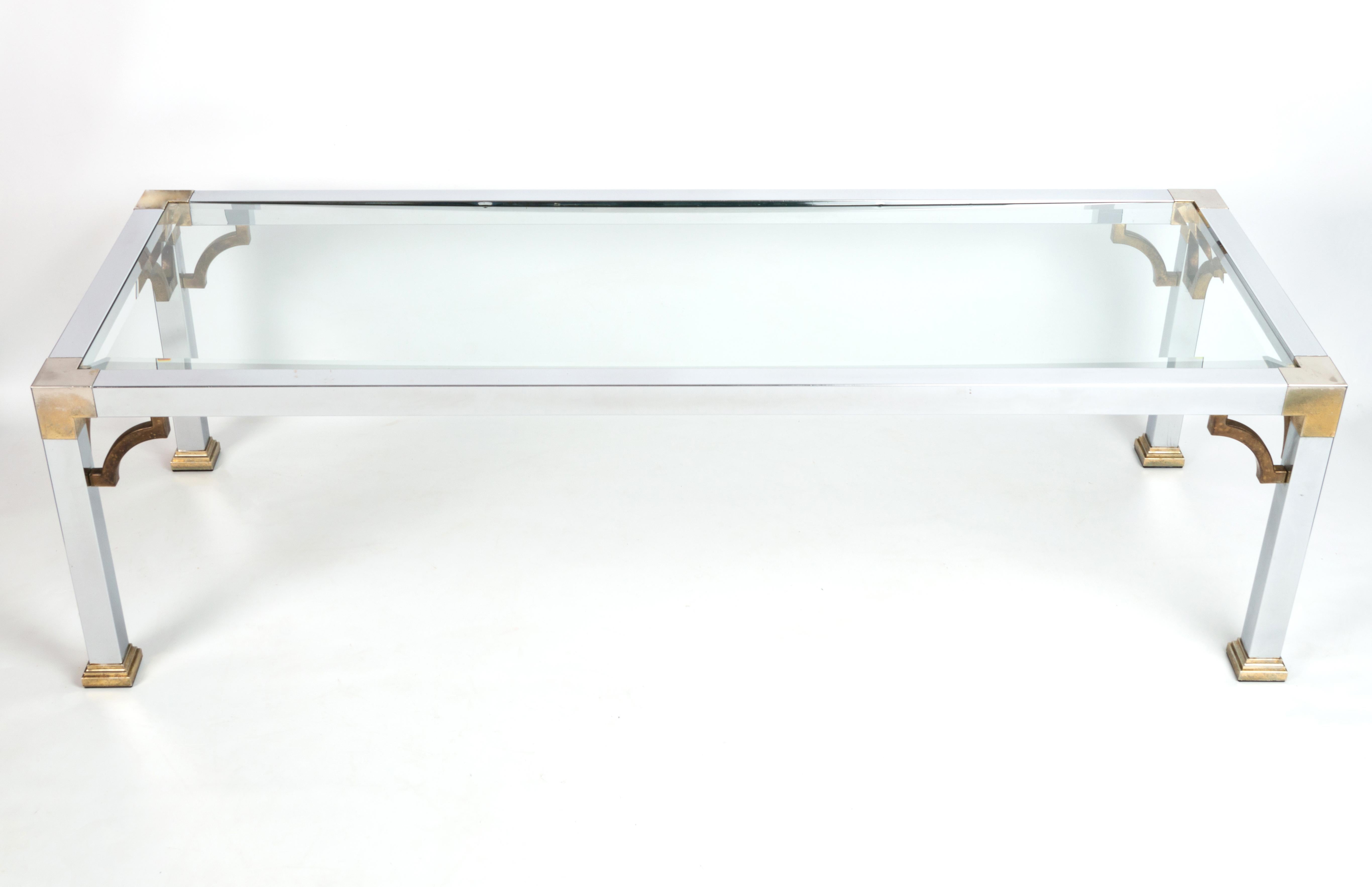 Mid-Century Chrome and Brass Long Glass Top Coffee Table, Italy C.1970 In Good Condition For Sale In London, GB