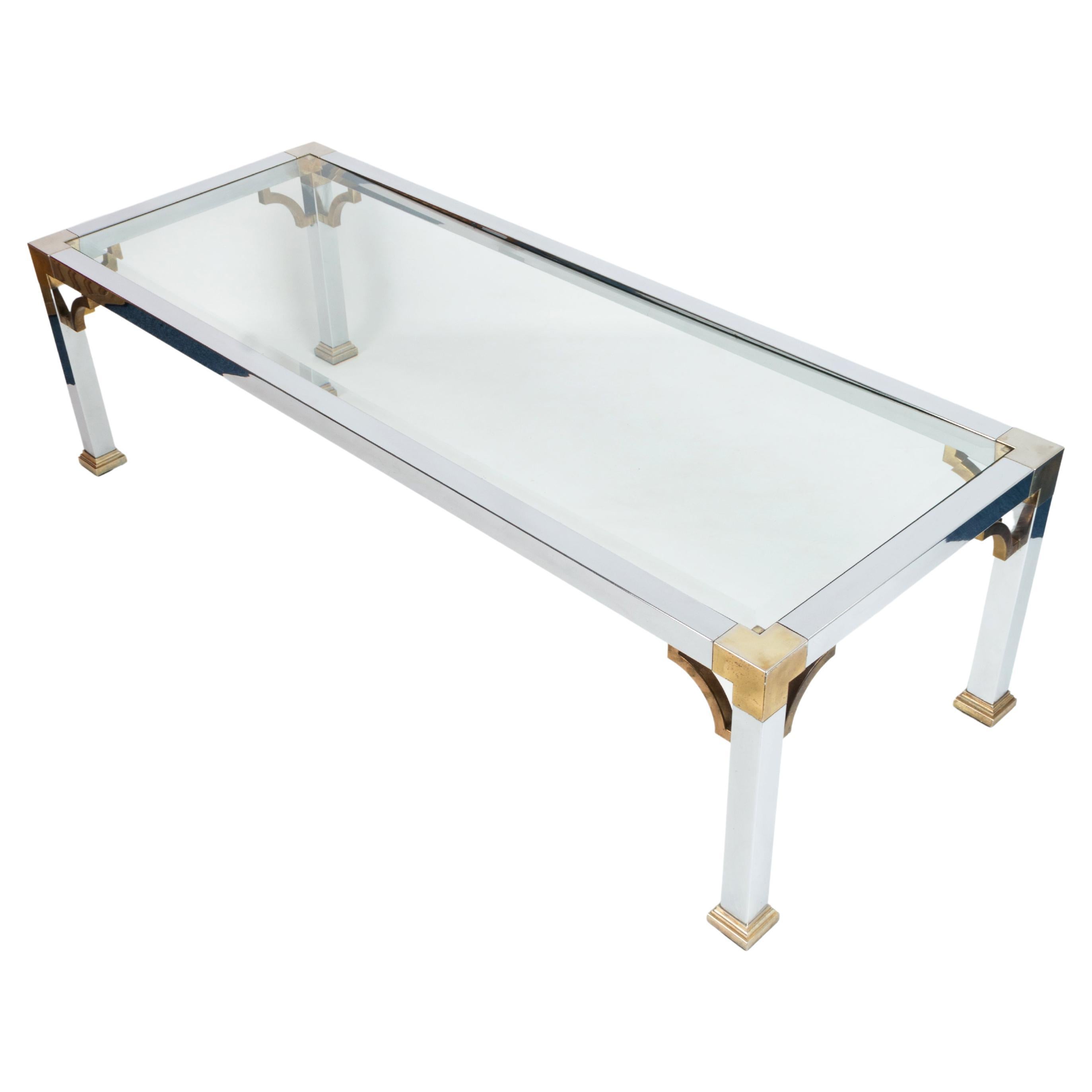 Mid-Century Chrome and Brass Long Glass Top Coffee Table, Italy C.1970 For Sale