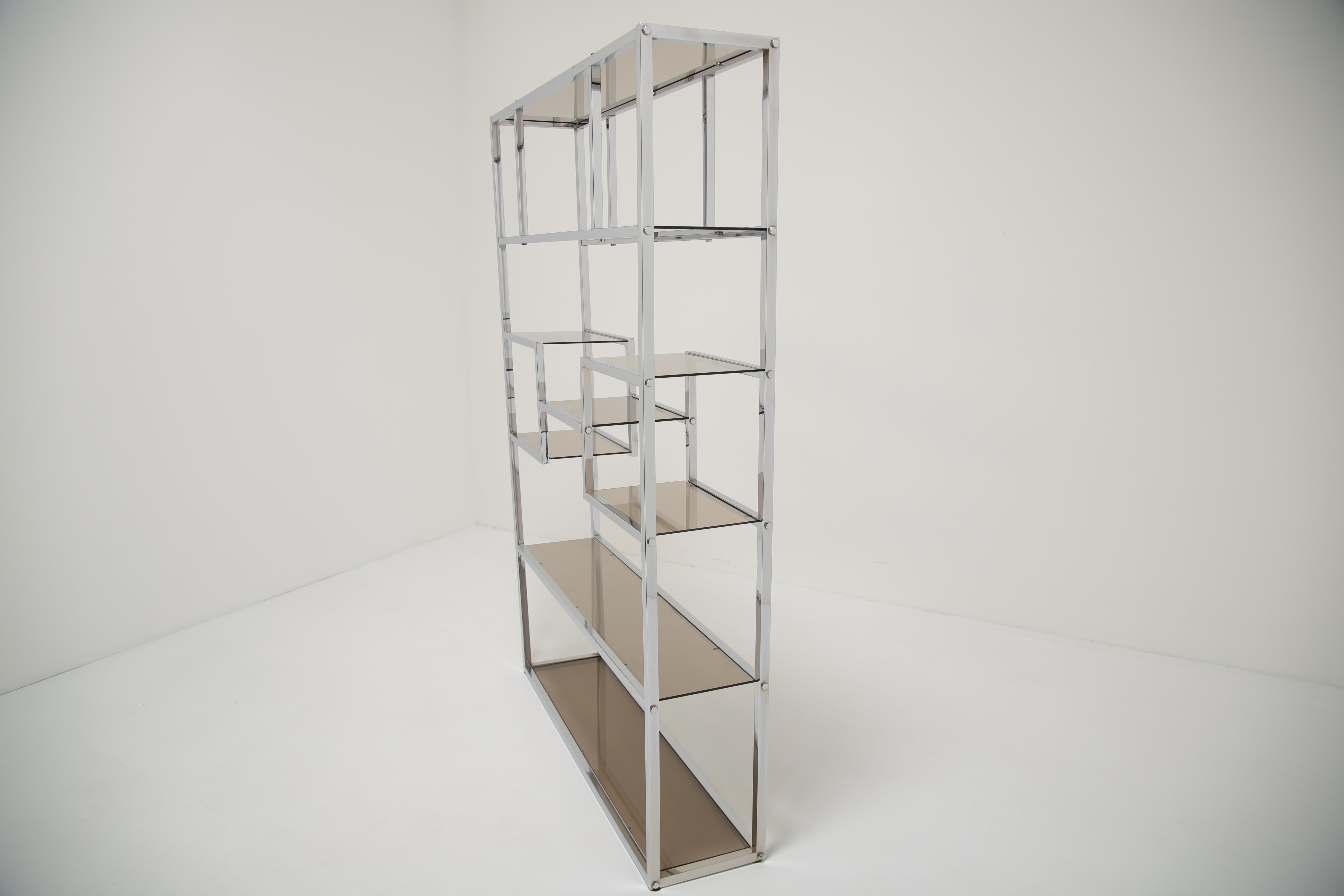 Etagere / Raumteiler aus Chrom und bronziertem Glas von Willy Rizzo 1970er Jahre im Angebot 5