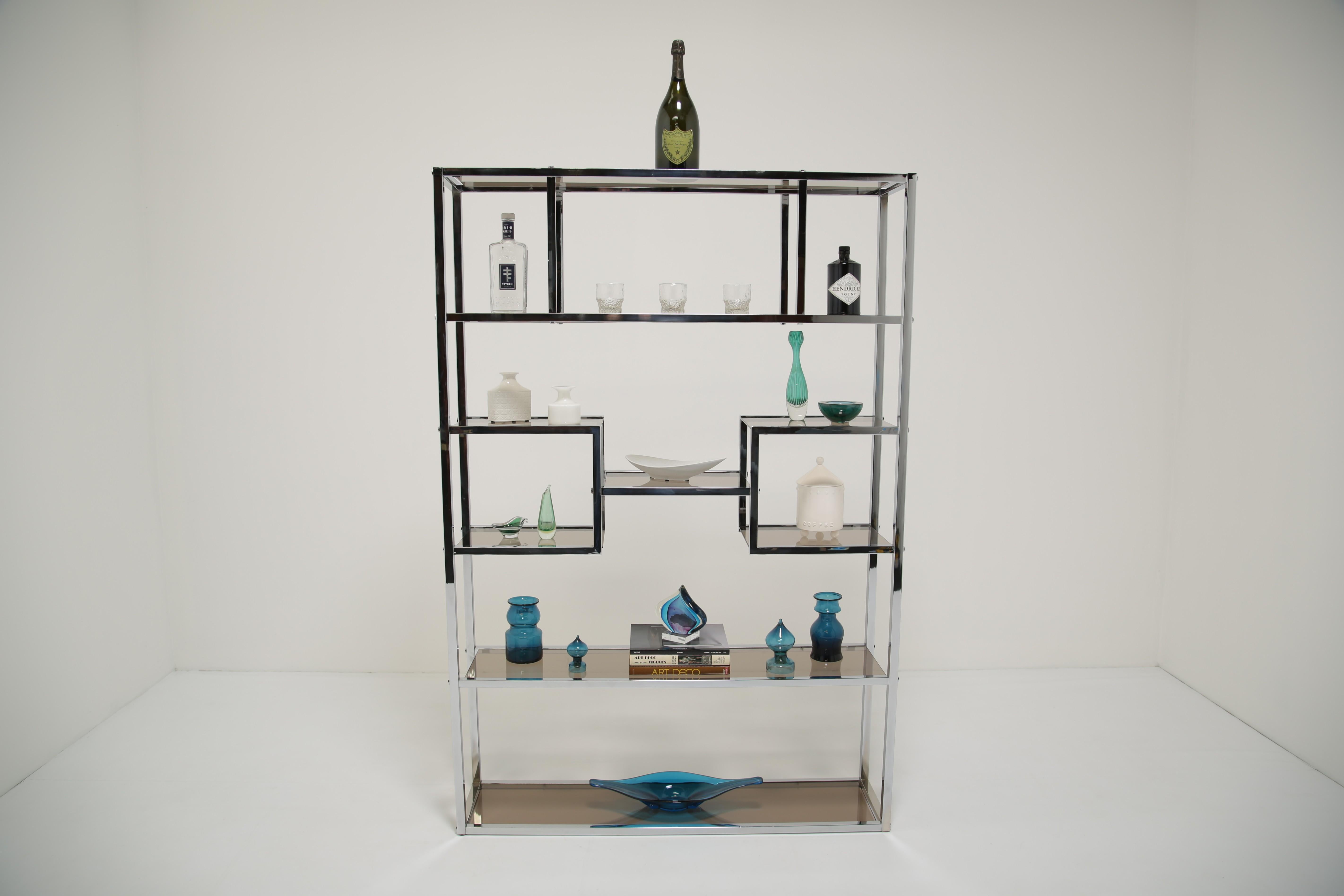 Etagere / Raumteiler aus Chrom und bronziertem Glas von Willy Rizzo 1970er Jahre im Angebot 9