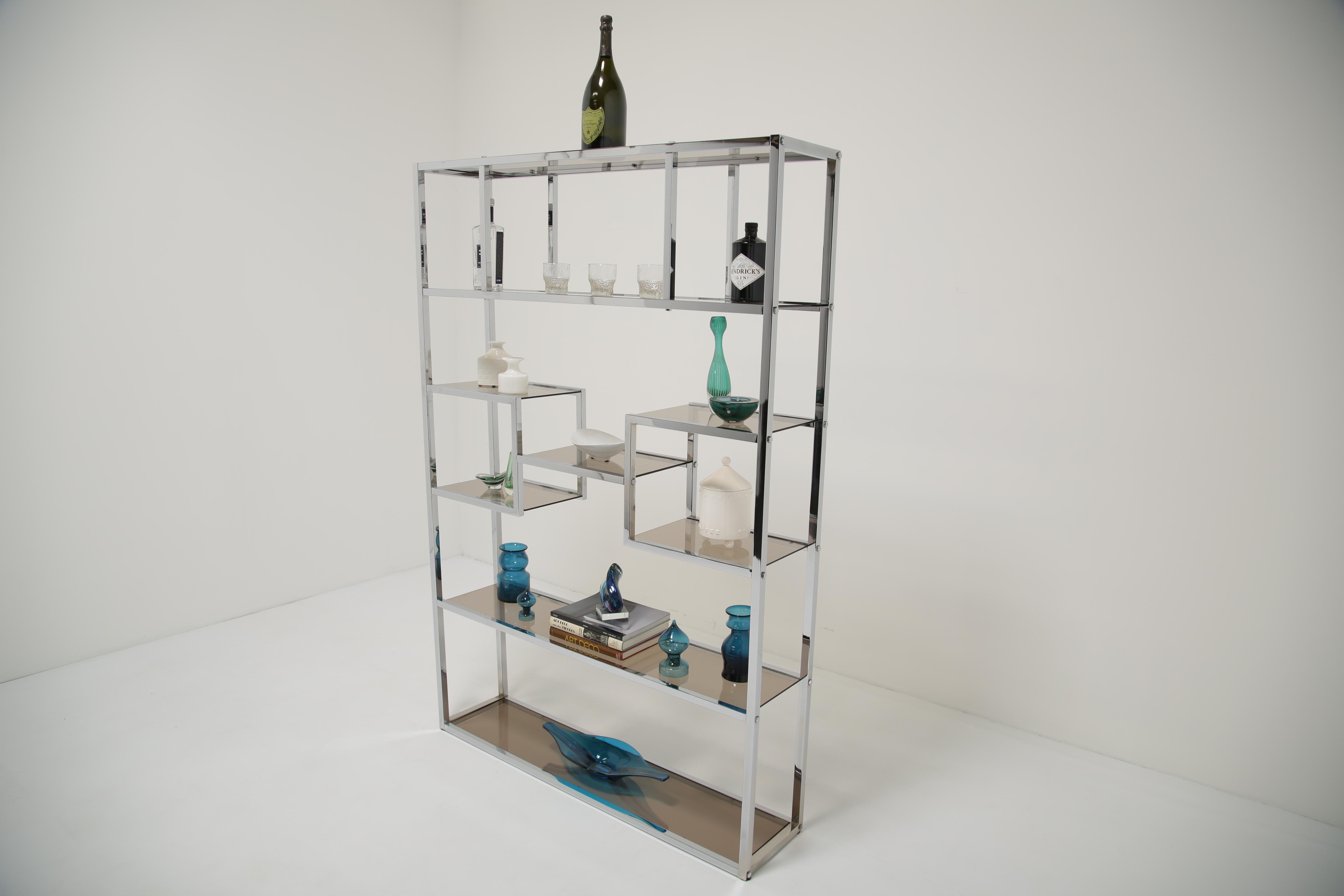 Etagere / Raumteiler aus Chrom und bronziertem Glas von Willy Rizzo 1970er Jahre im Angebot 12