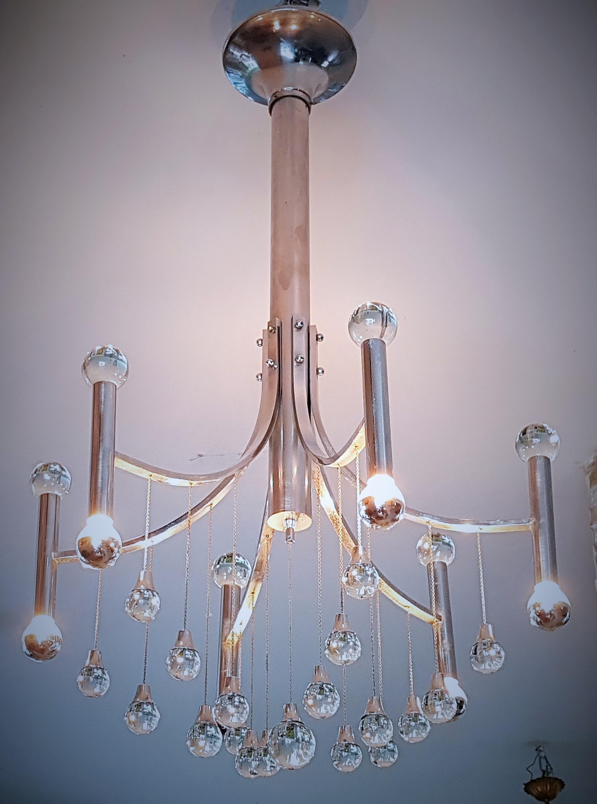 Mid-Century Chrome and Glass Ball Chandelier Sciolari, Italy 1960s For Sale 8