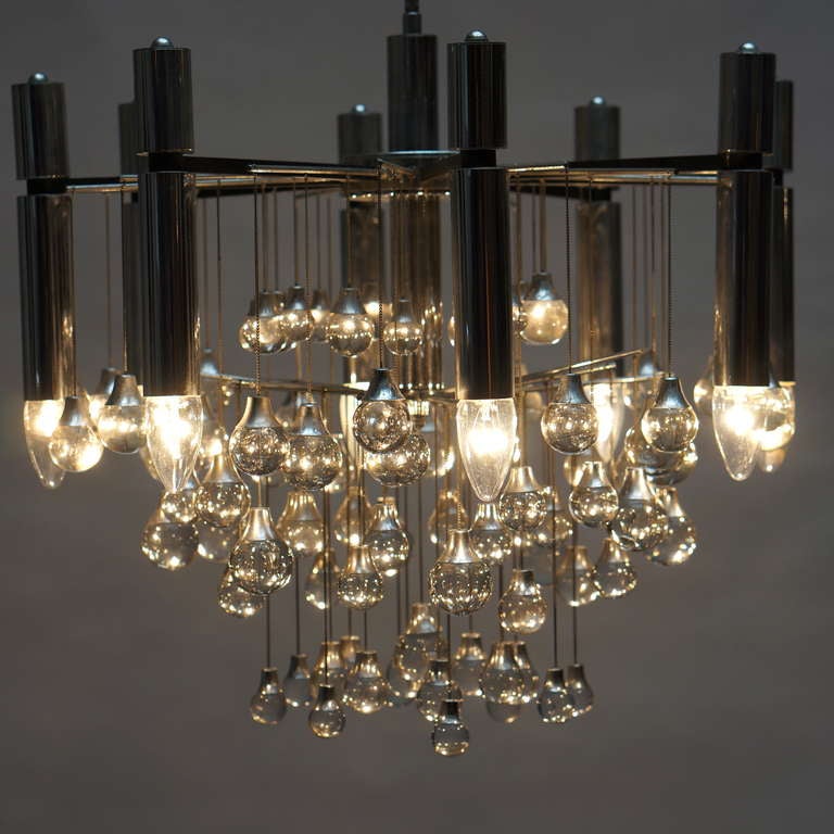 Italian Three Midcentury Chrome and Glass Chandeliers by Sciolari, Italy For Sale
