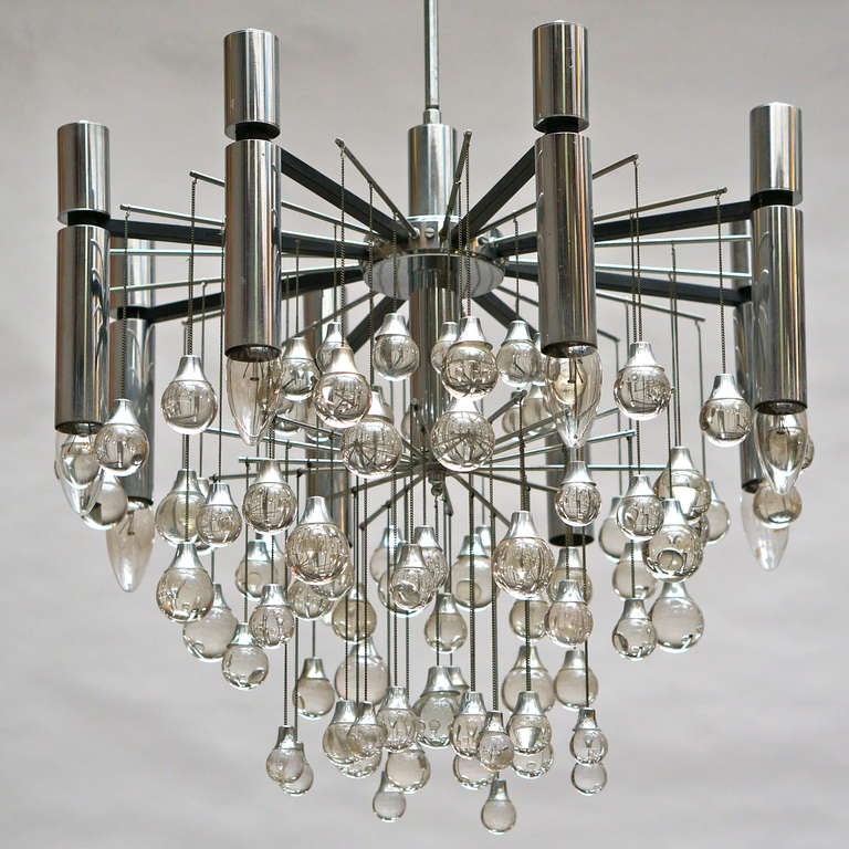 Three Midcentury Chrome and Glass Chandeliers by Sciolari, Italy For Sale 2