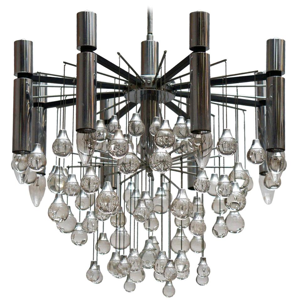 Three Midcentury Chrome and Glass Chandeliers by Sciolari, Italy