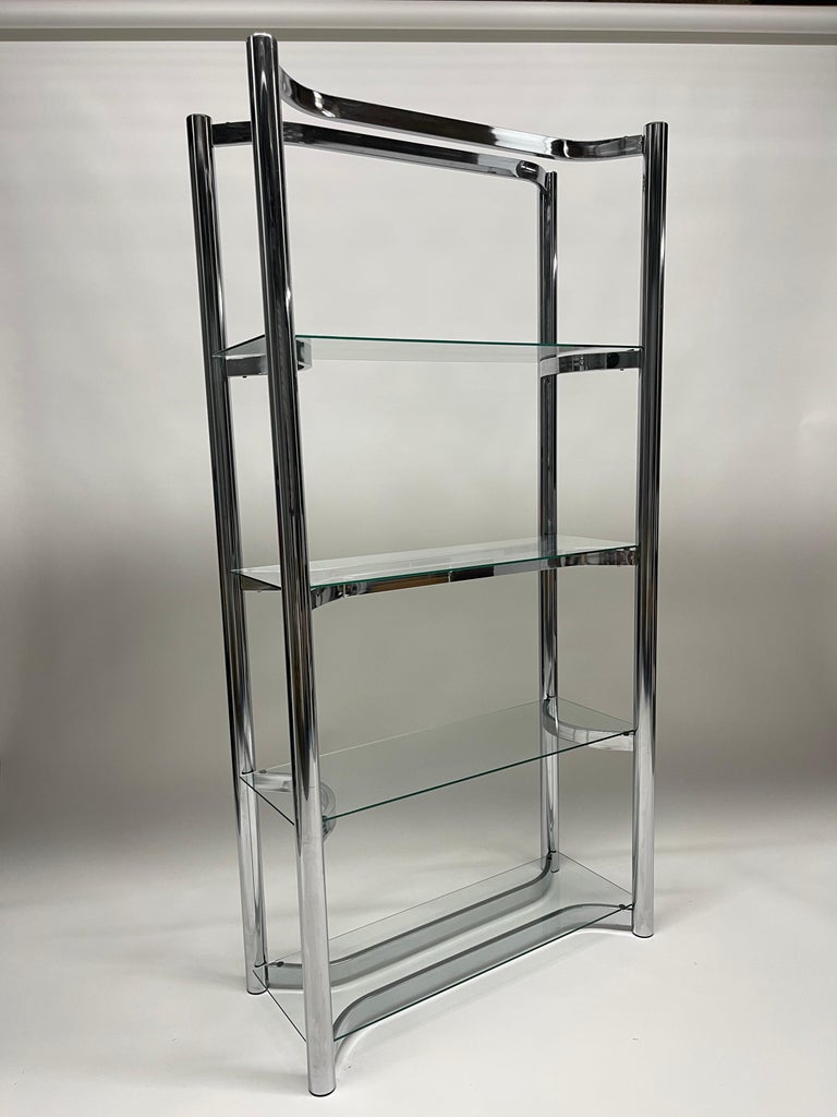 Mid Century Chrome and Glass Etagere Bookcase Shelving For Sale at 1stDibs